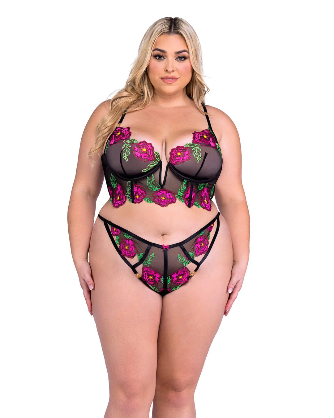 Black Peony Paradise Lace Satin Long Line Bra & Thong Lingerie (Plus Size Available) - Image 3