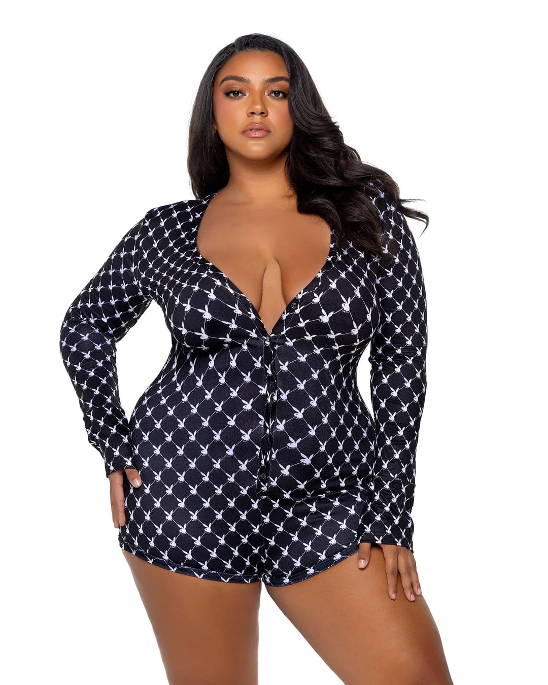Plus Size Black Playboy Bunny Diamond Print Open Butt Flap Romper