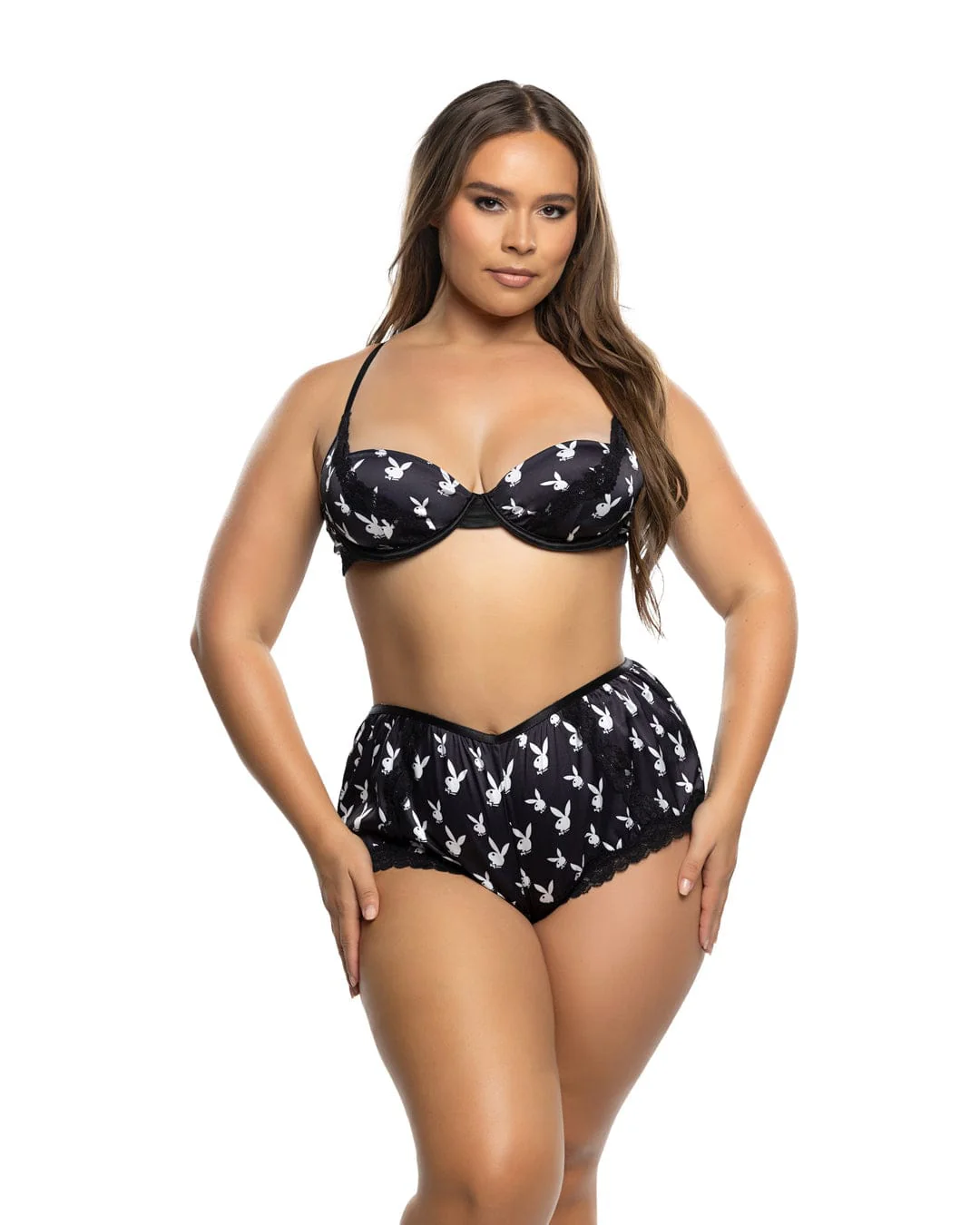 Black Playboy Bunny Satin Floral Lace Underwire Balconette Bra & Cheeky Short Lounge Lingerie - Image 3