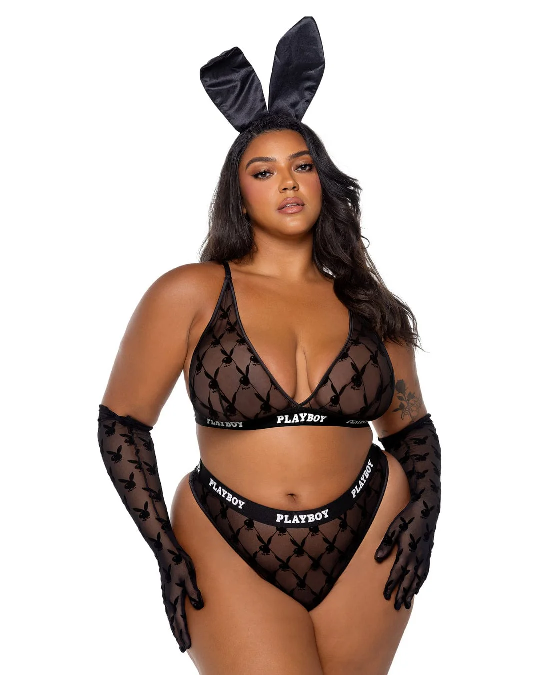 Plus Size Black Playboy Bunny Satin Mesh Bralette & Thong Panty Lingerie