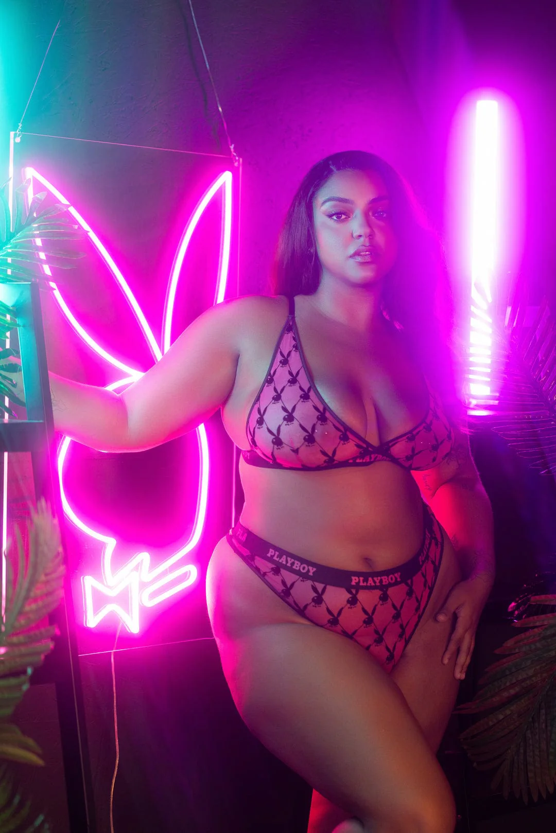 Plus Size Black Playboy Bunny Satin Mesh Bralette & Thong Panty Lingerie - Image 12