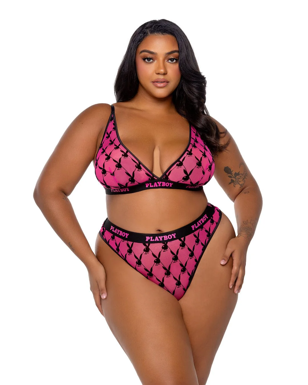 Plus Size Black Playboy Bunny Satin Mesh Bralette & Thong Panty Lingerie - Image 3