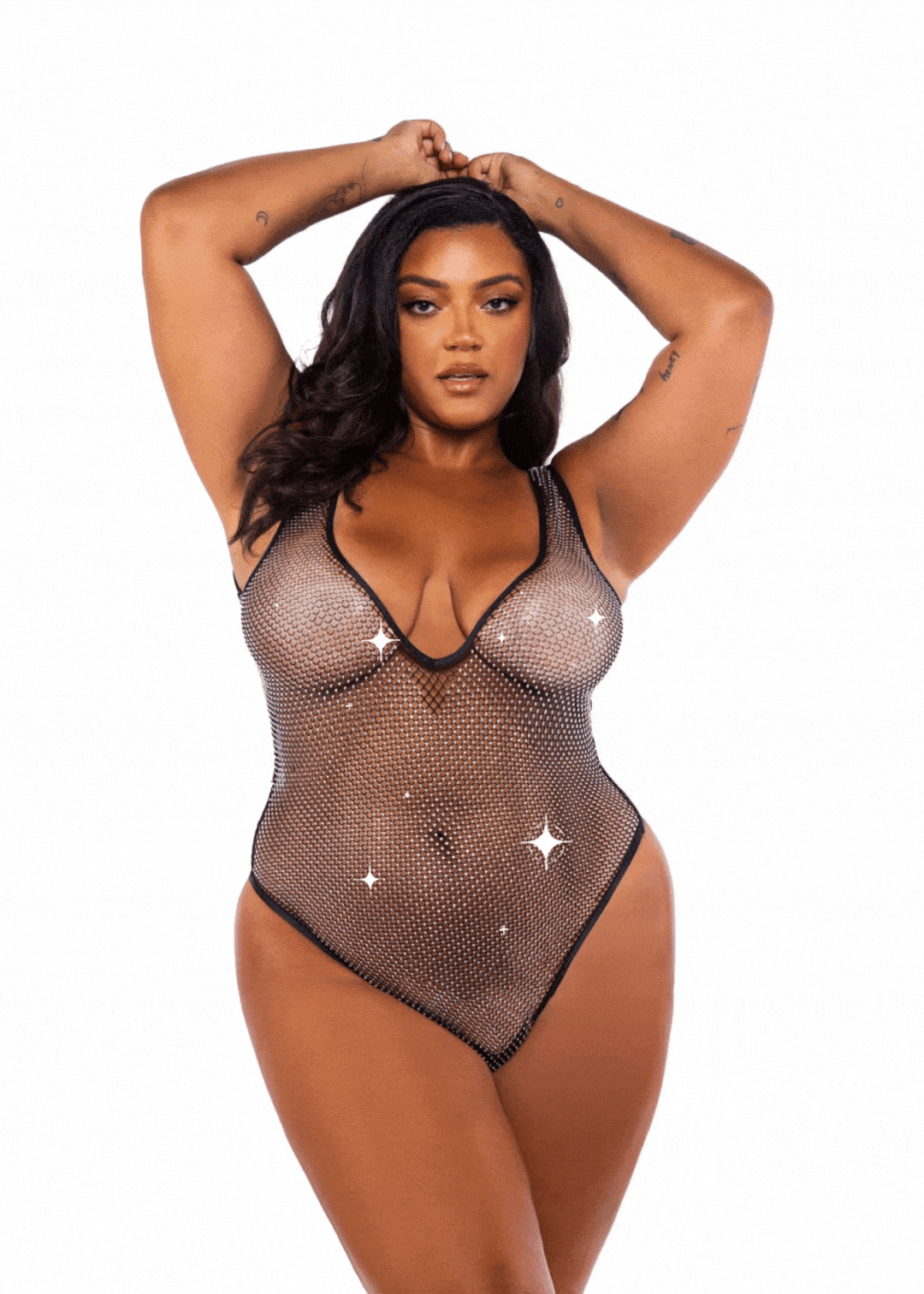 Plus Size Black Crystal Diamond Rhinestone Fishnet Plunge Neck Thong Teddy Lingerie