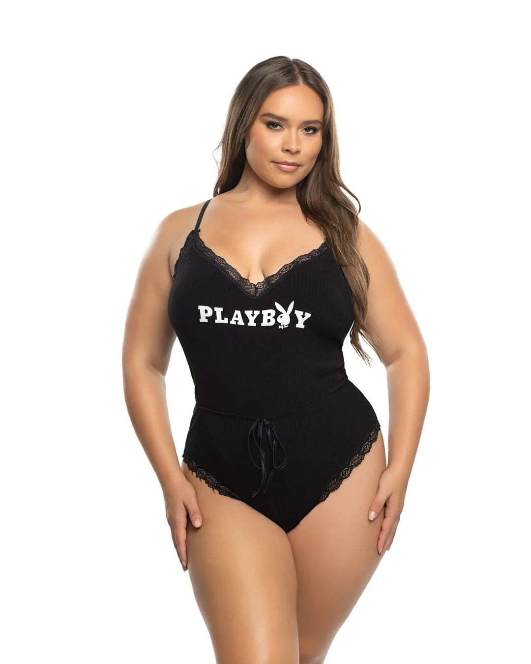 Black Playboy Bunny Comfy Modal Knit Lace Cheeky Romper Lounge Lingerie (Plus Size Available) - Image 5