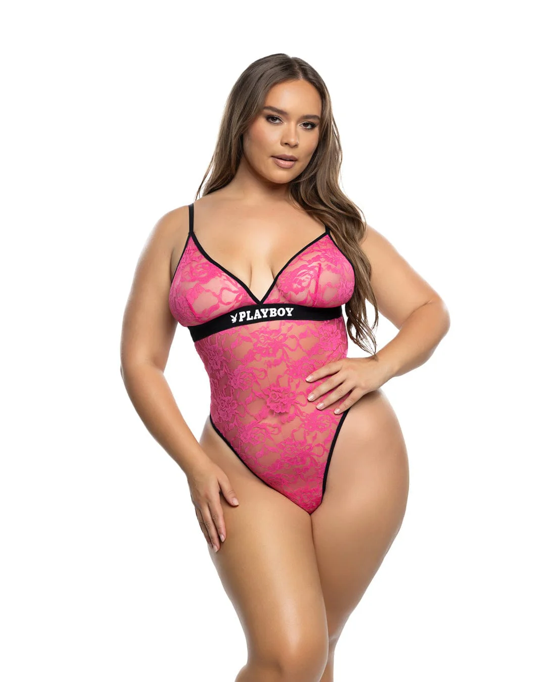 Pink Playboy Flirty Sheer Lace Deep Plunge High Leg Thong Teddy Lingerie (Plus Size Available) - Image 7