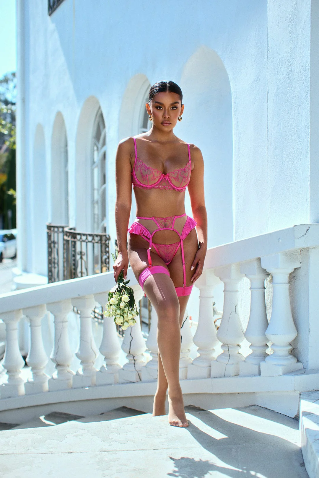 Plus Size Pink Queen of Hearts Satin Mesh Underwire Bra, Thong Panty & Ruffle Peplum Garter Lingerie - Image 4