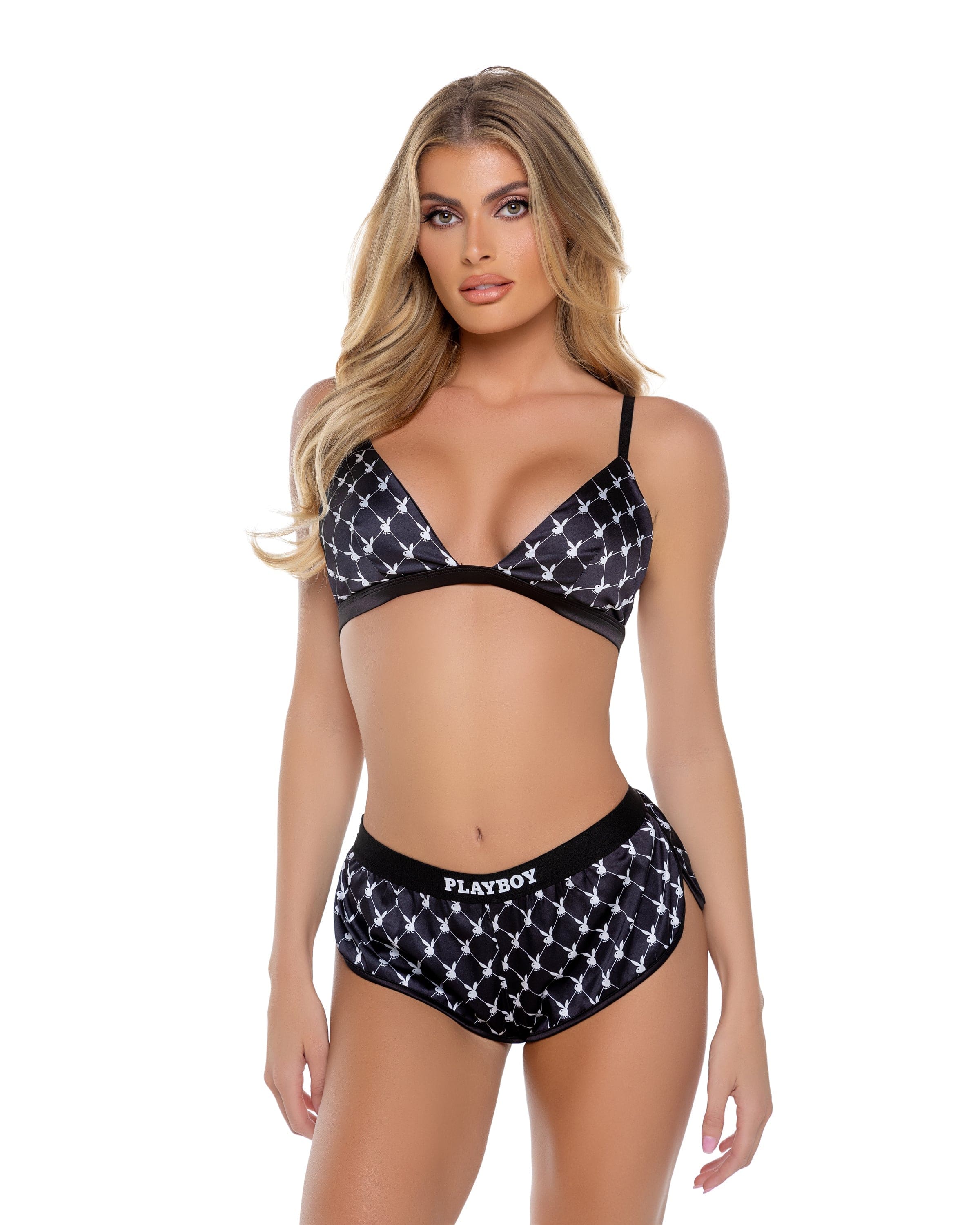 Playboy Bunny Black Smoke Satin Bralette & Cheeky Short Lounge Lingerie
