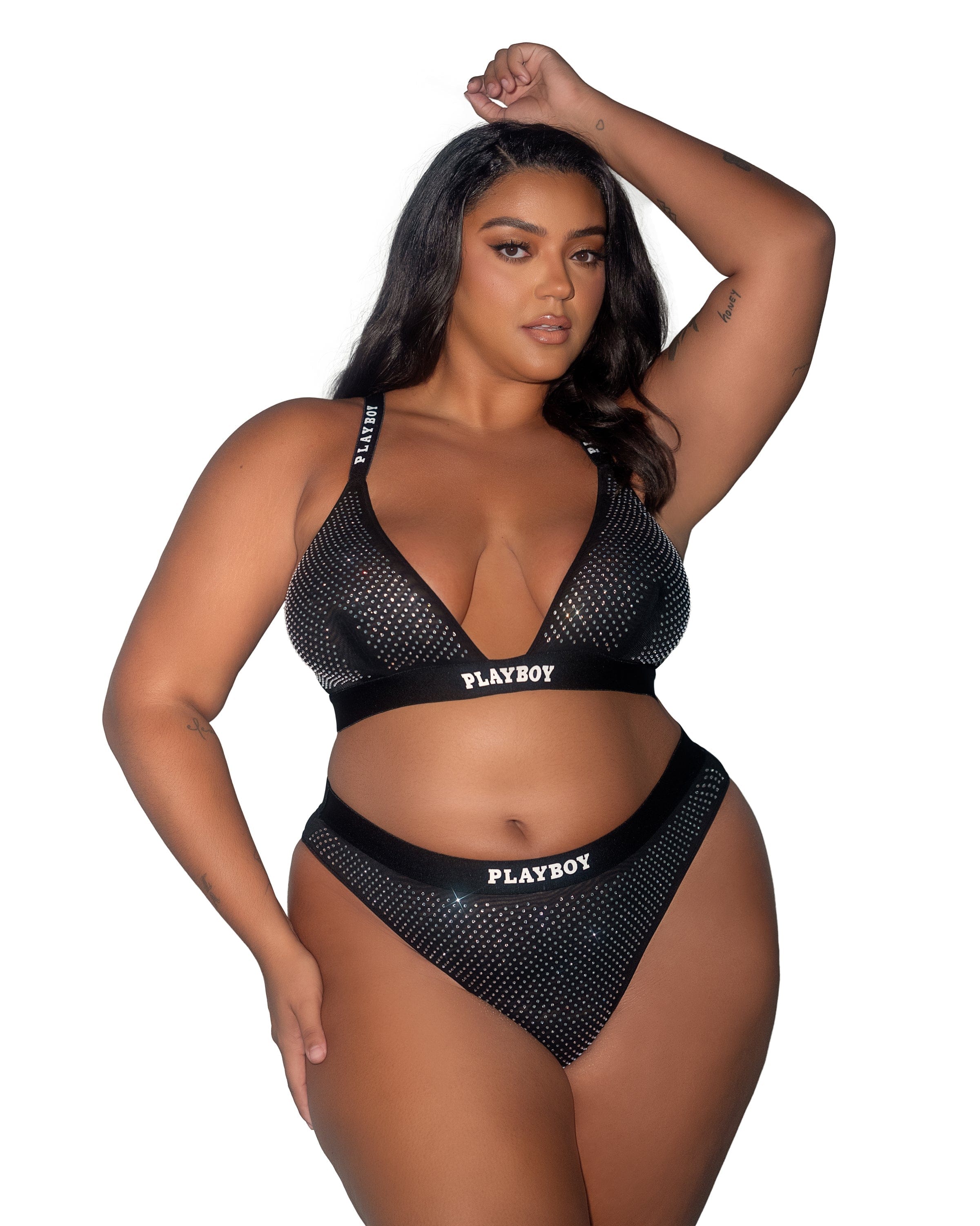 Plus Size Playboy Disco Fever Rhinestone Black Bralette & Thong Panty Lingerie