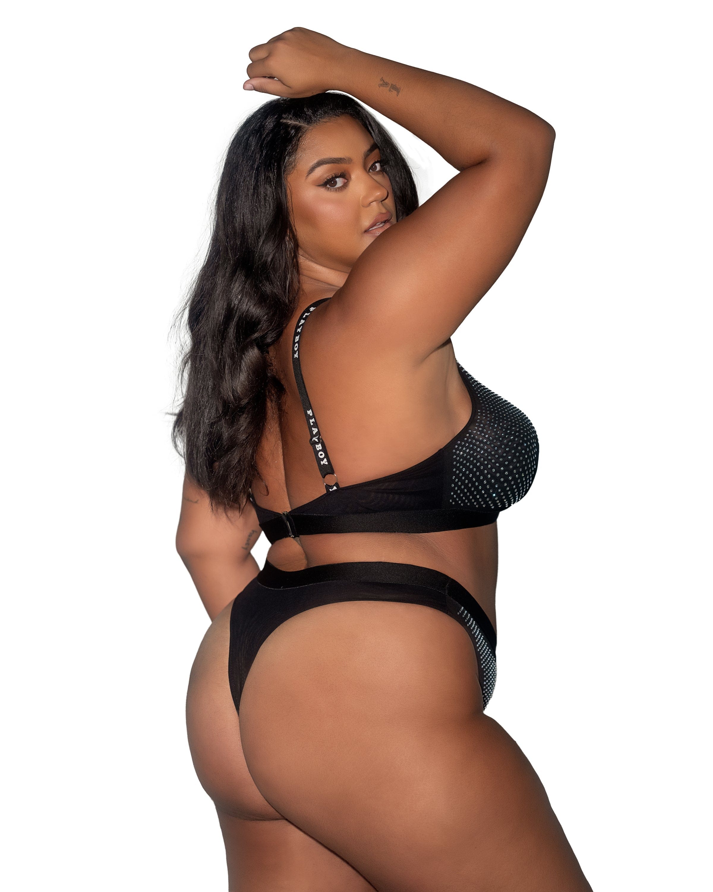 Plus Size Playboy Disco Fever Rhinestone Black Bralette & Thong Panty Lingerie - Image 2