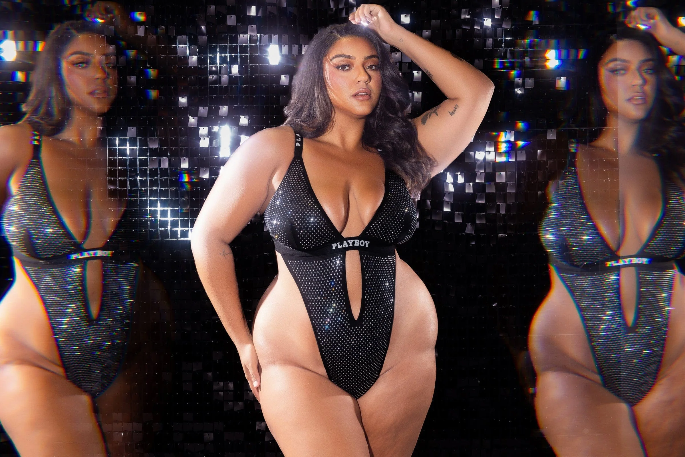 Plus Size Playboy Disco Fever Rhinestone Black Thong Teddy - Image 6