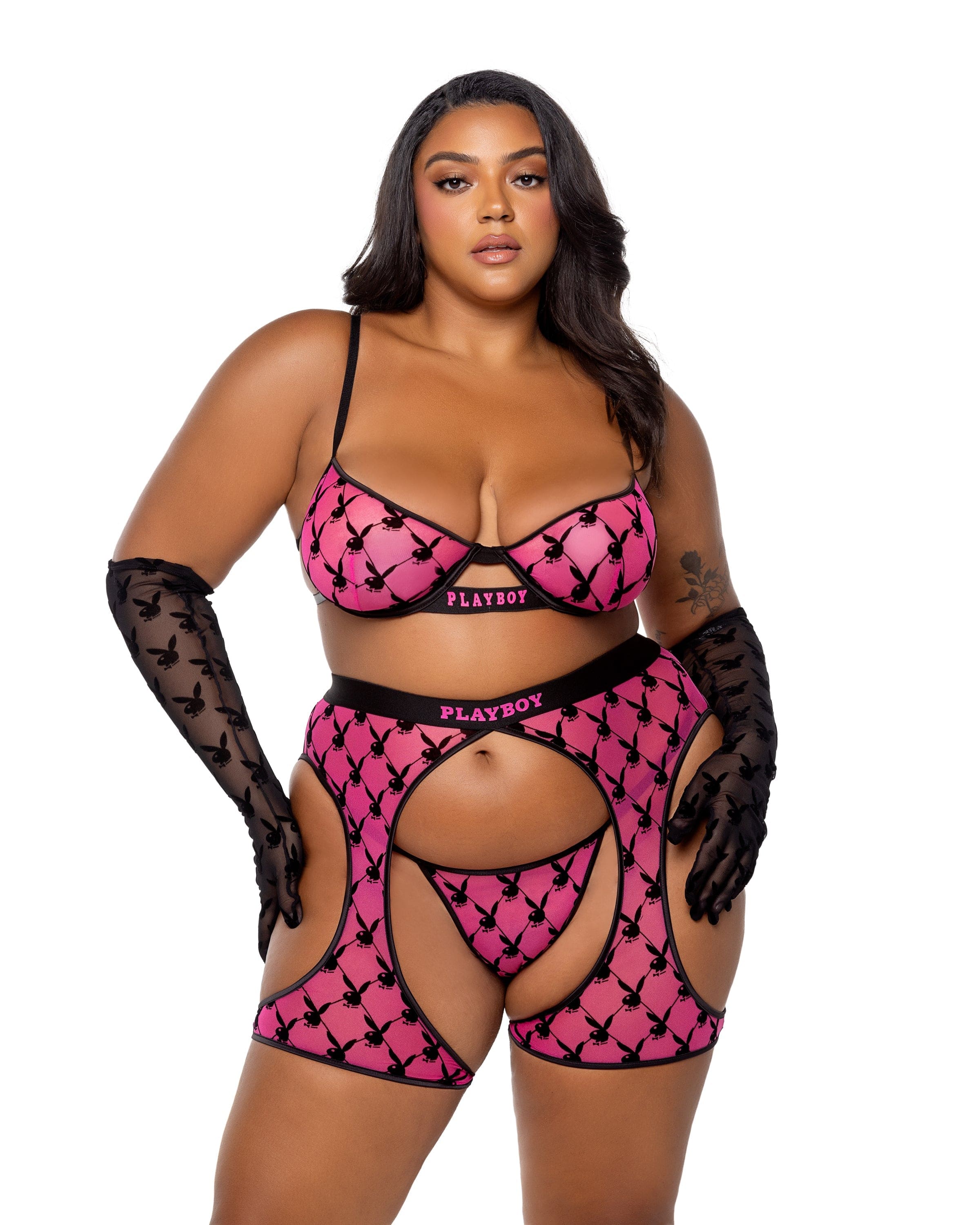Playboy Flocked Bunny Hot Pink Bralette, Chaps & Thong Panty Lingerie - Image 5