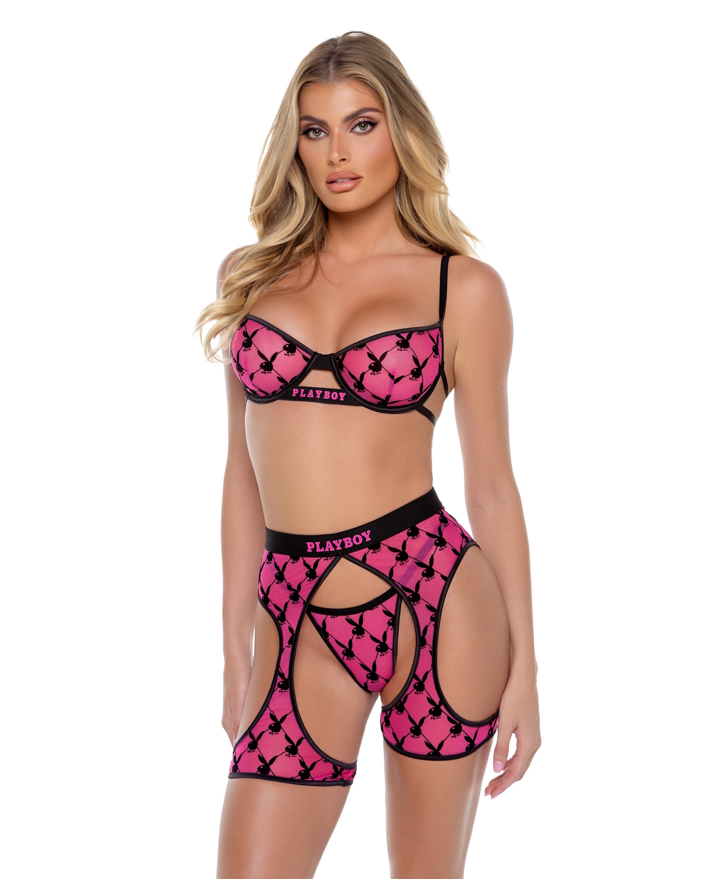Playboy Flocked Bunny Hot Pink Bralette, Chaps & Thong Panty Lingerie