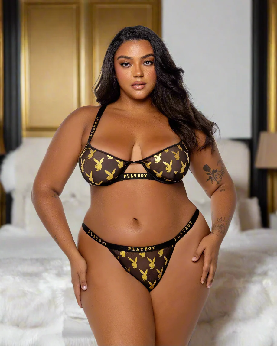 Plus Size Playboy Black Sheer & Gold Foil Bunny Bra & Thong Panty Lingerie