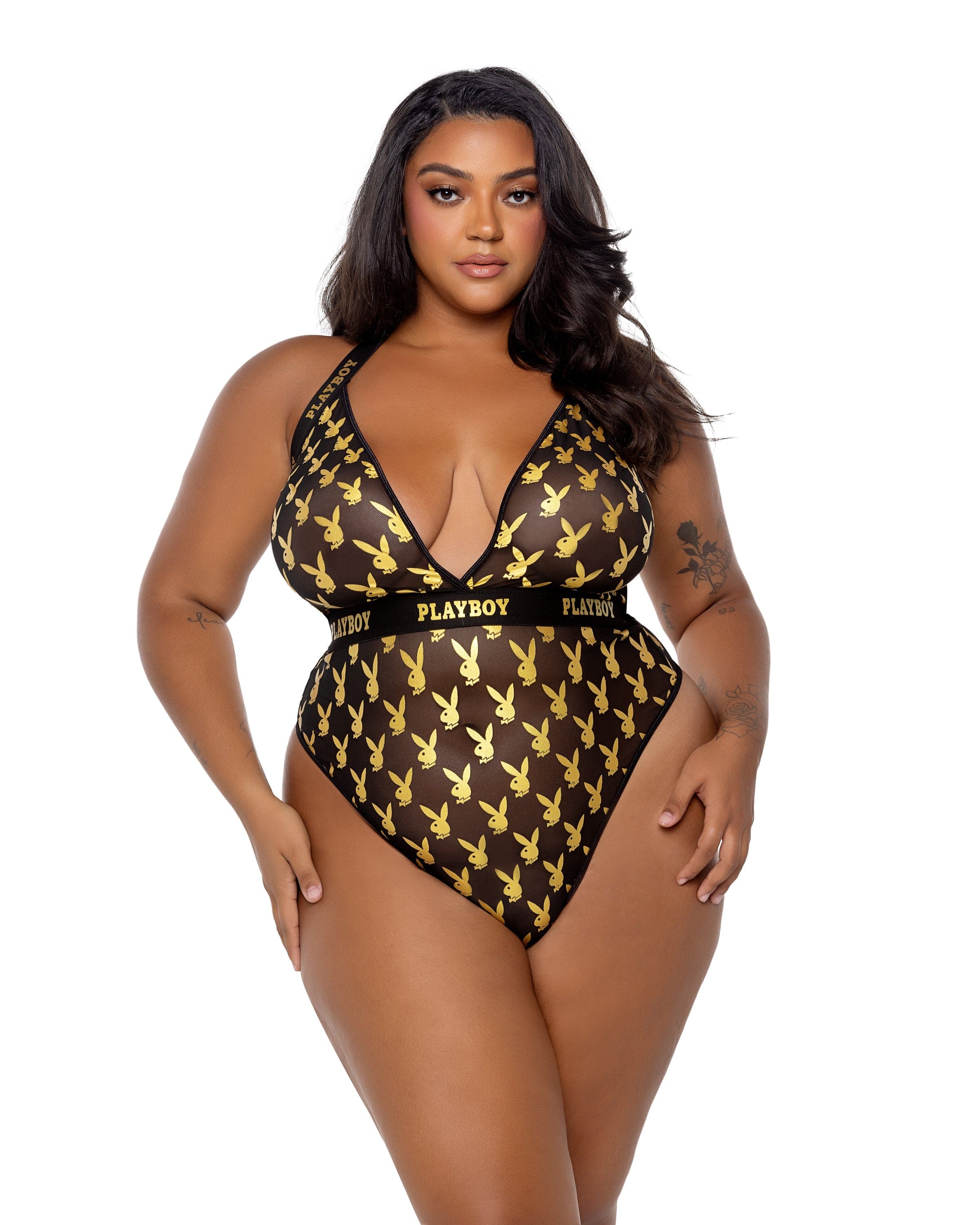 Plus Size Playboy Gold Foiled Icon Bunny Sheer Black Thong Teddy