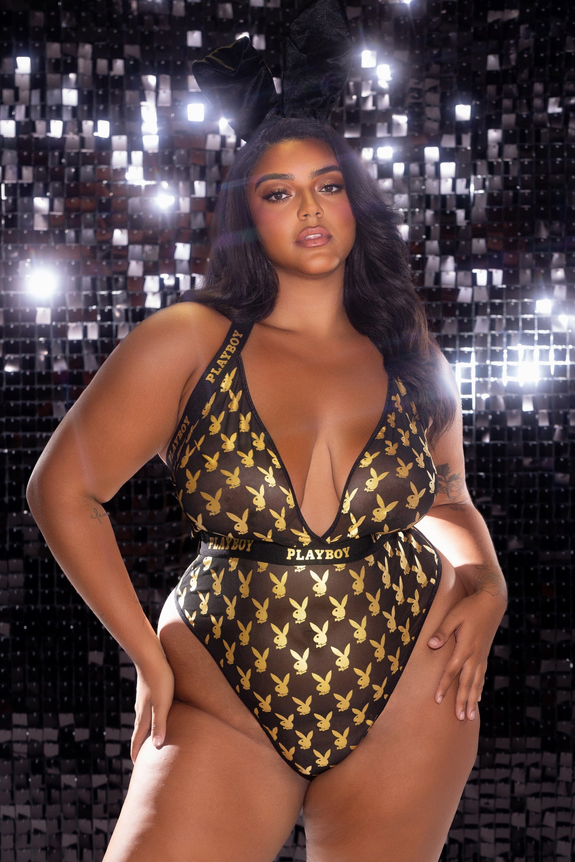 Plus Size Playboy Gold Foiled Icon Bunny Sheer Black Thong Teddy - Image 3