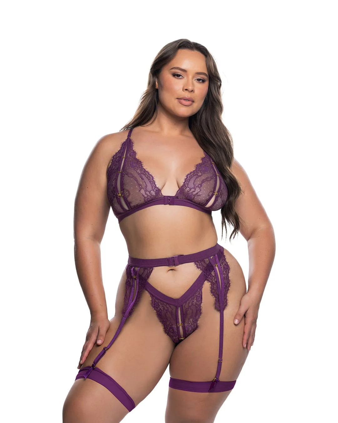 Plus Size Purple Fetish Floral Eyelash Wave Lace Satin Halter Bra, Thong Panty & Garter Belt Lingerie