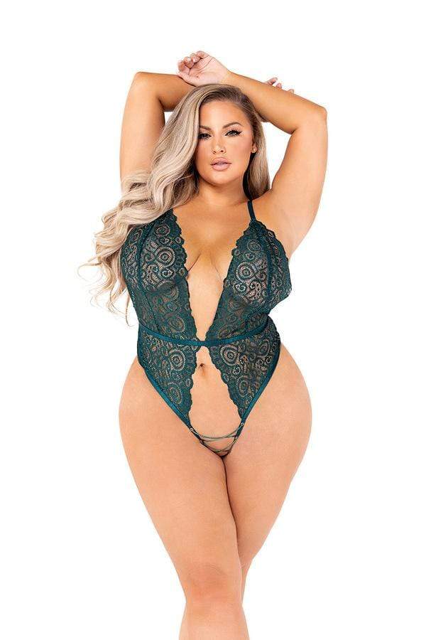 Plus Size Red Lace High Cut w/ Lace Up Crotchless Teddy - Image 3