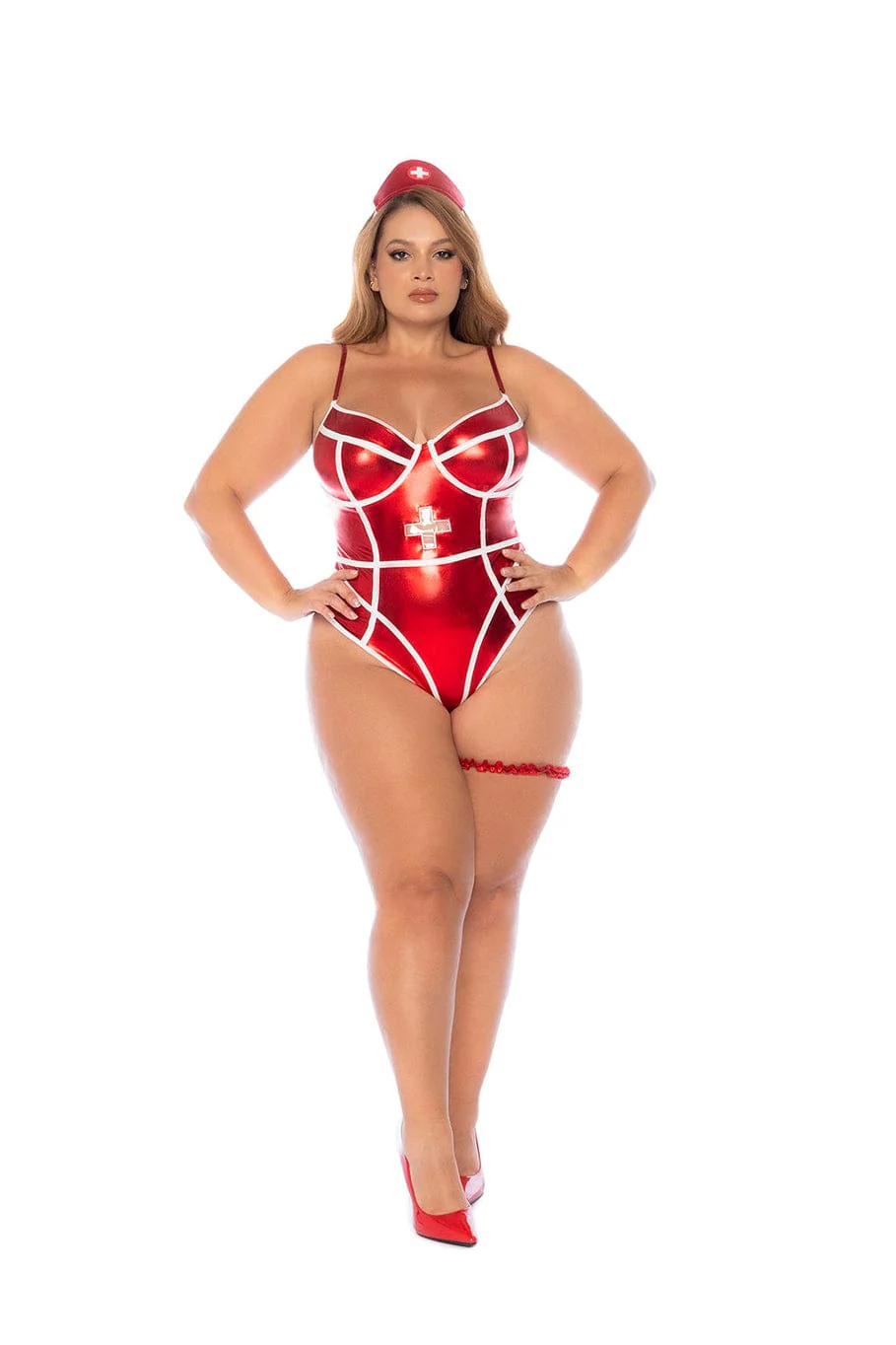 Plus Size Red Metallic Thong Bodysuit, Leg Garter & Headpiece Lingerie Nurse Costume