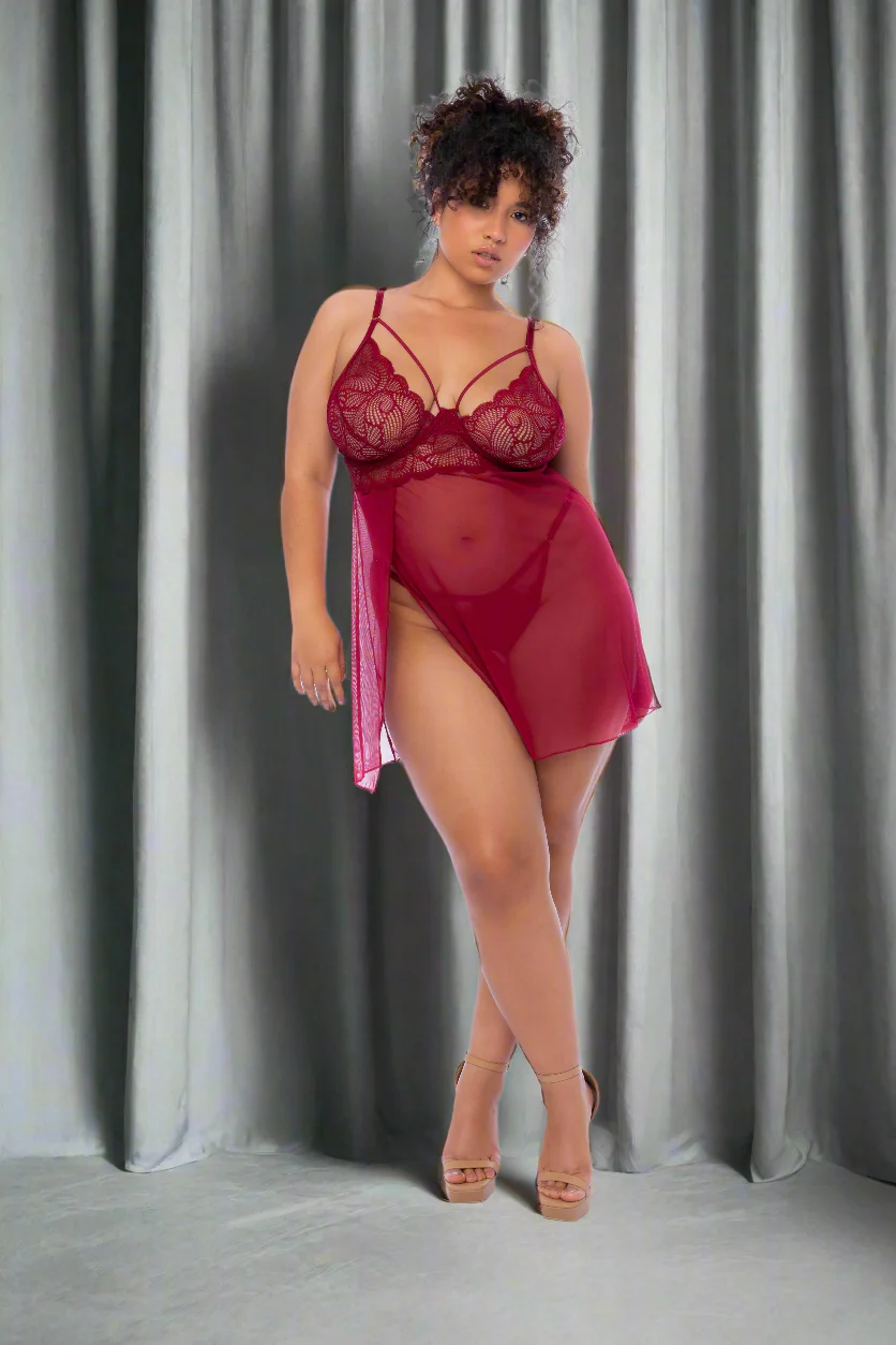 Plus Size Red Modern Lace Underwire Babydoll & Thong Panty Lingerie