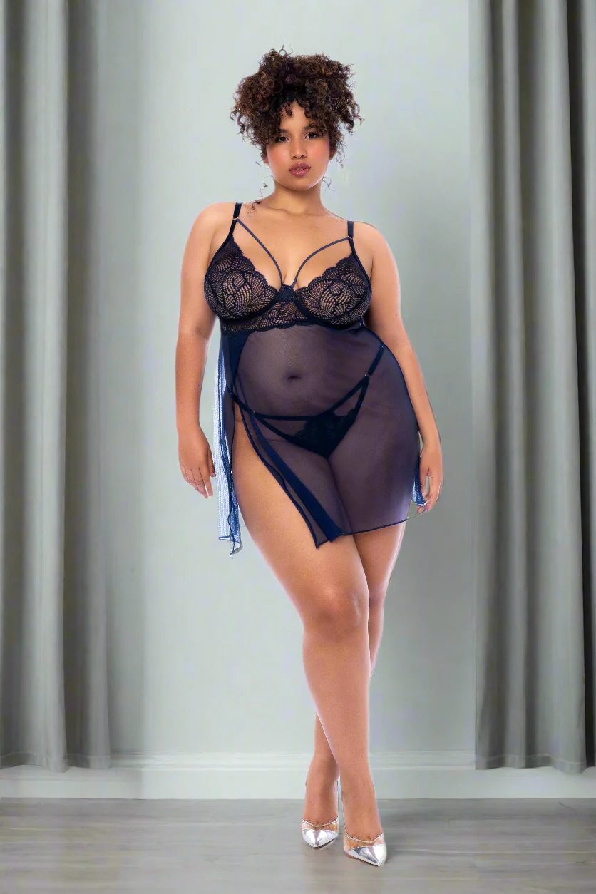 Plus Size Red Modern Lace Underwire Babydoll & Thong Panty Lingerie - Image 3