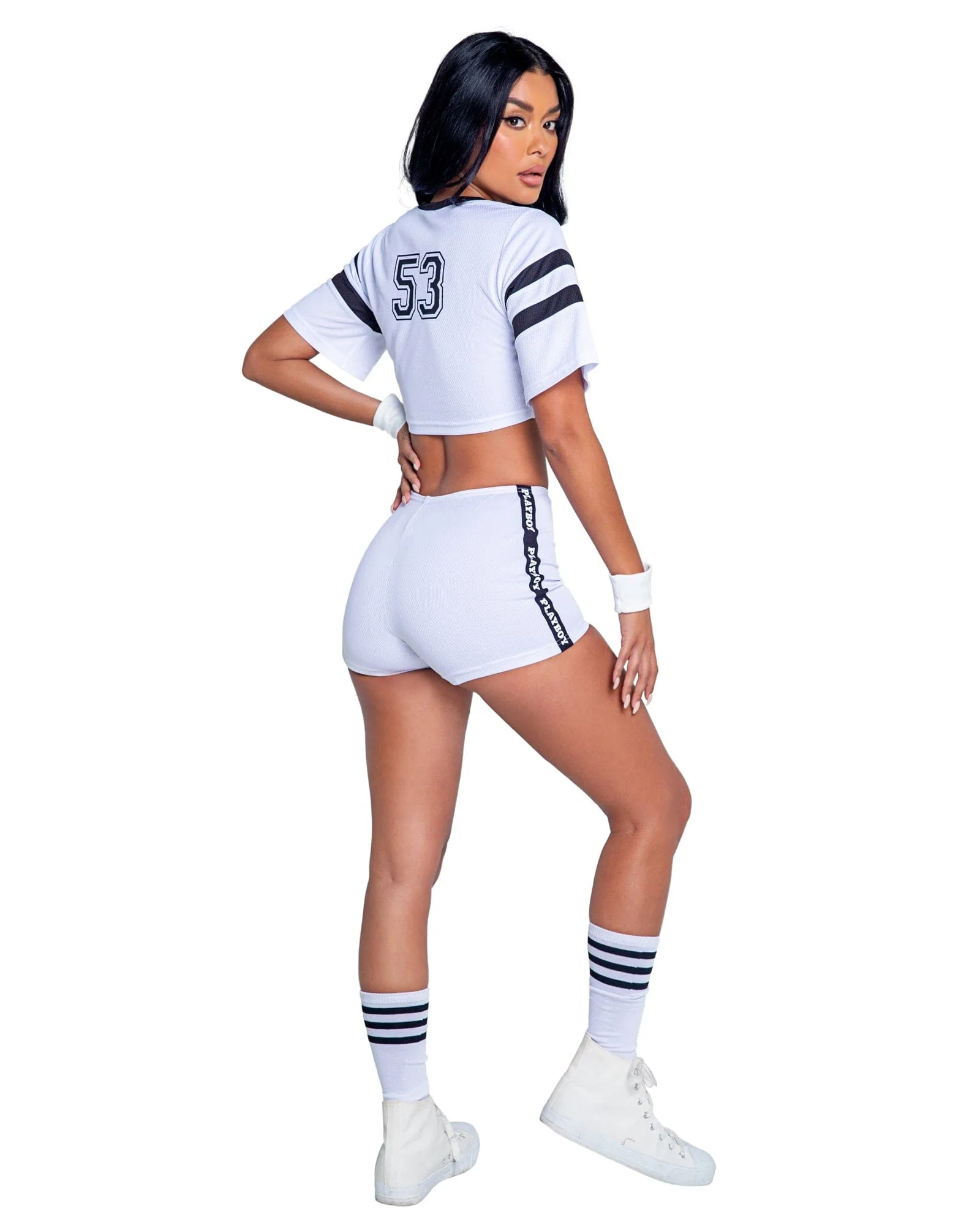 Plus Size White Playboy Bunny V-neck Crop Football Jersey, Shorts & Cuffs Halloween Cosplay Costume - Image 3