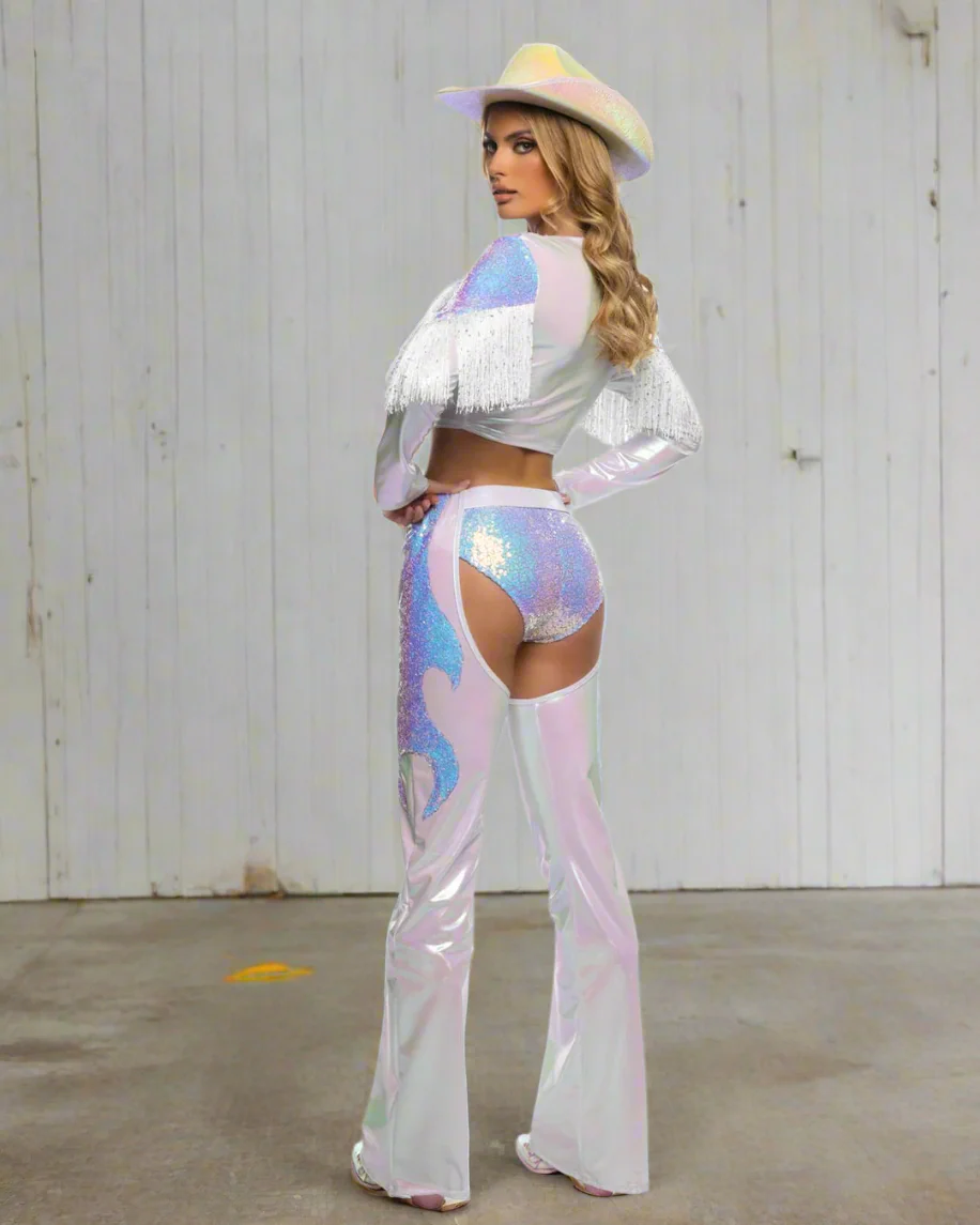 Purple Cow Girl Iridescent Sequin Fringe Long-sleeve Crop Top, Belted Chaps & Shorts Cosplay Costume - Image 2