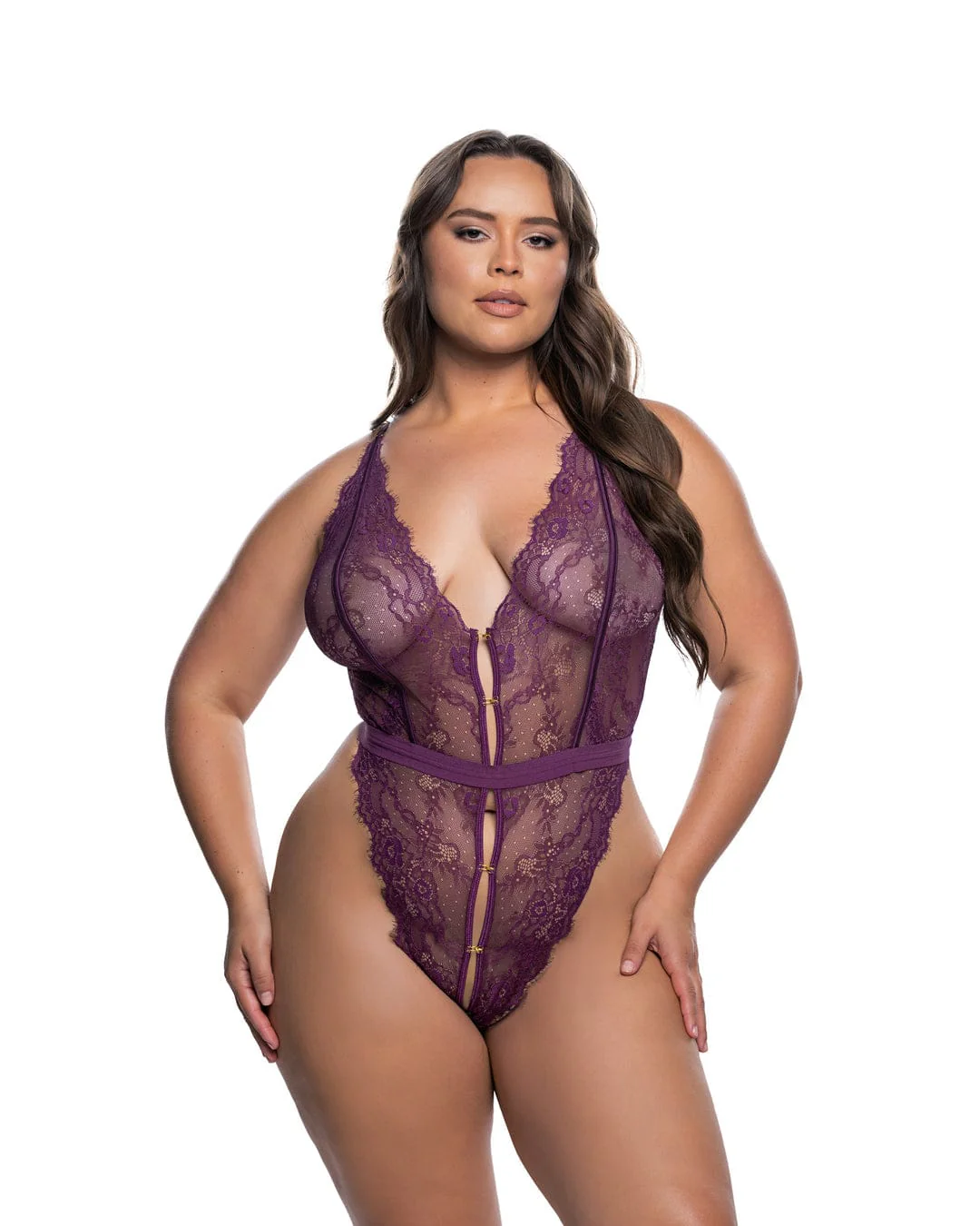 Plus Size Purple Fetish Floral Eyelash Lace Satin Deep Plunge Thong Teddy Lingerie
