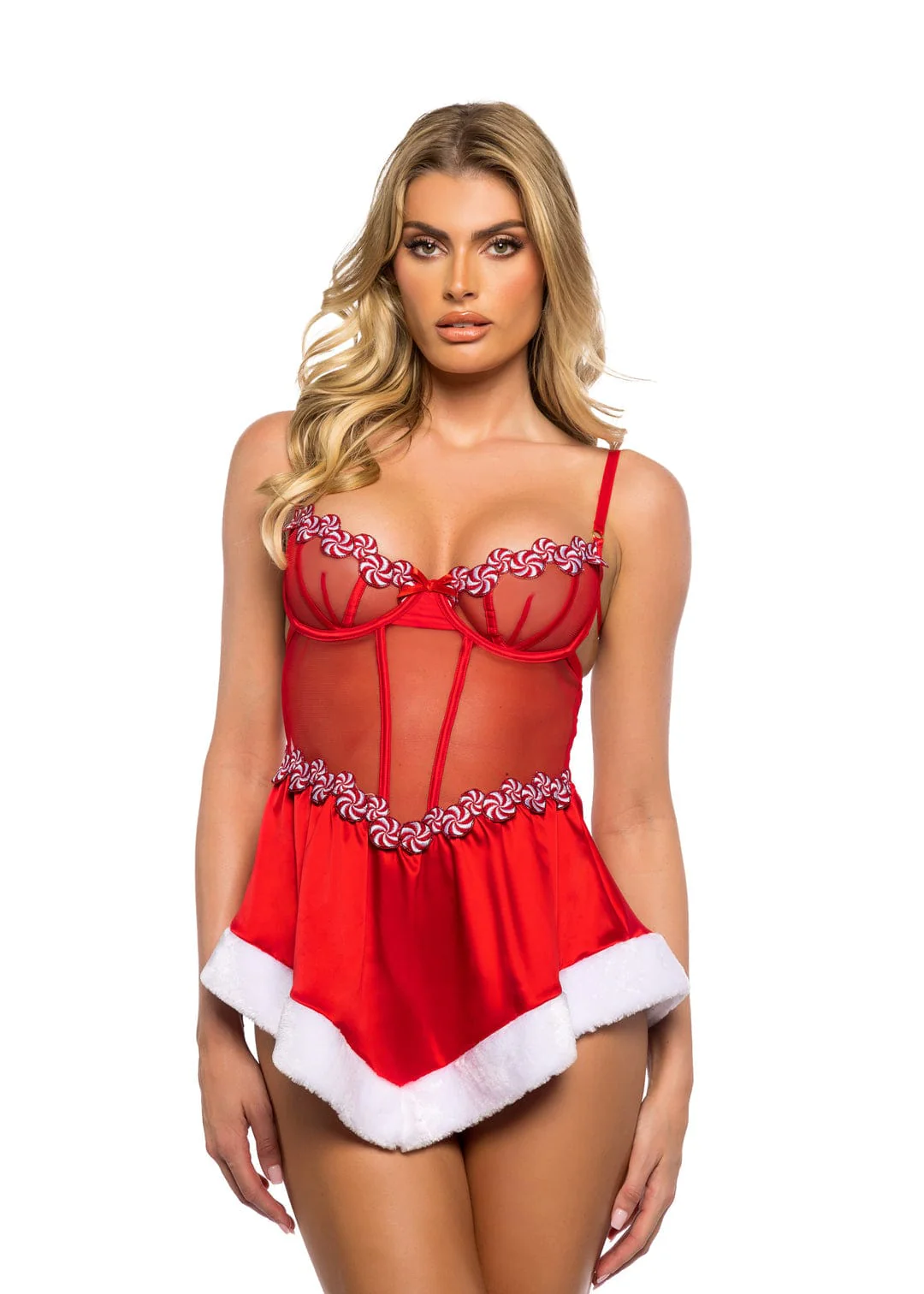 Plus Size Red Candy Trim w/ Mesh Satin Fur Skirt Babydoll Lingerie - Image 3