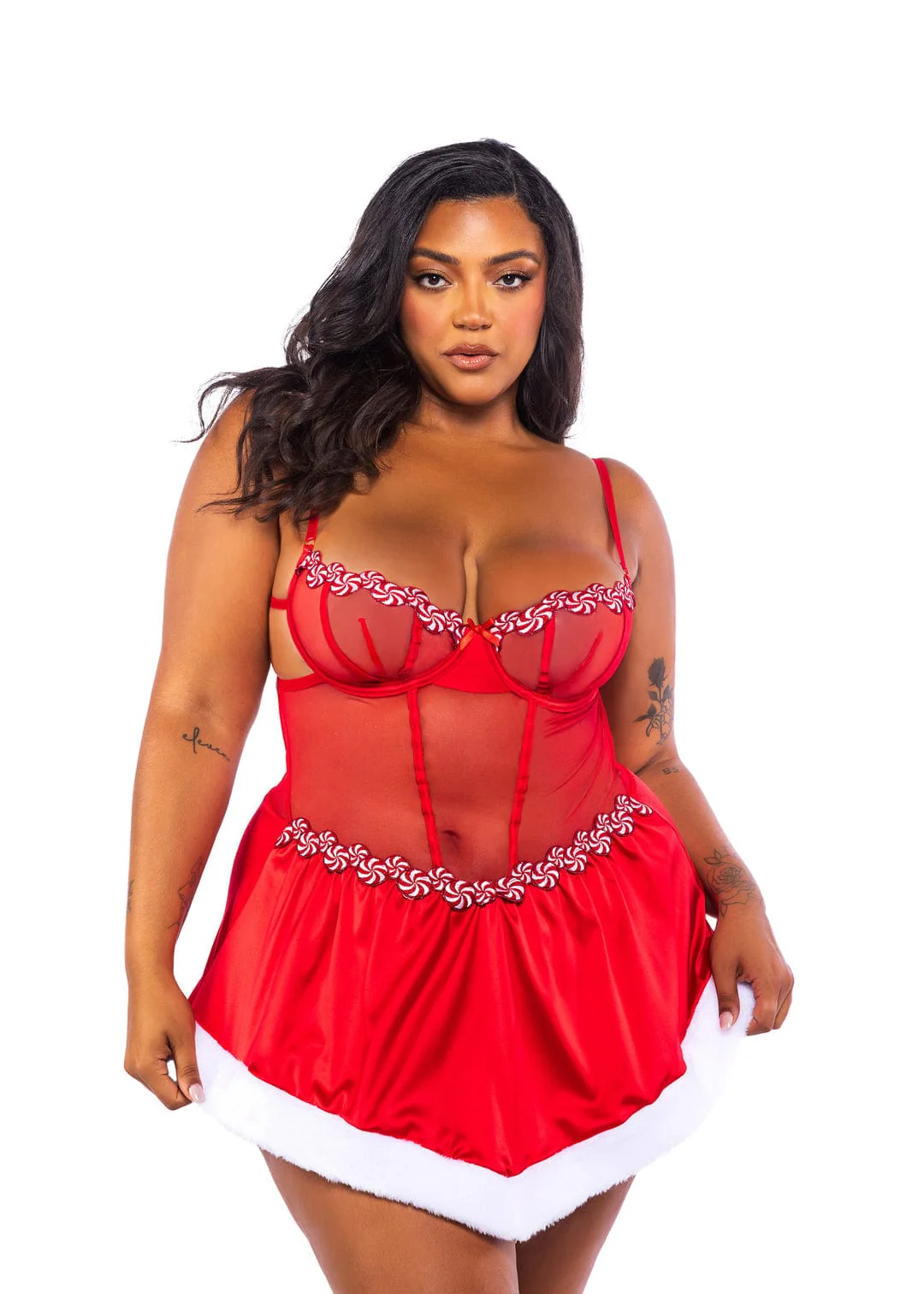 Plus Size Red Candy Trim w/ Mesh Satin Fur Skirt Babydoll Lingerie