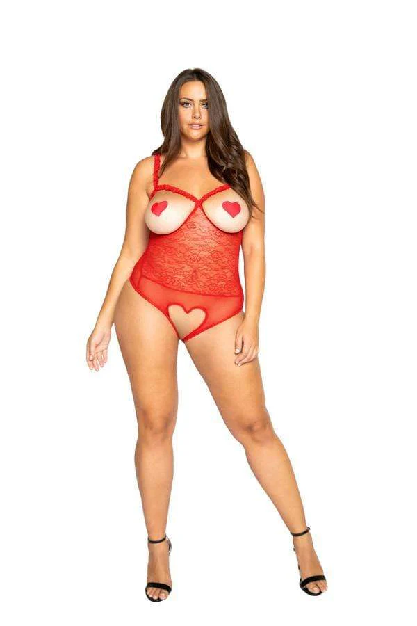Red Cut-out Heart Underwire Open Bust Top Teddy (Plus Size Available) - Image 3