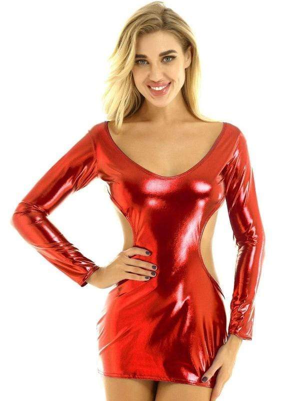 Red Metallic Open Back Mini Dress - Image 5