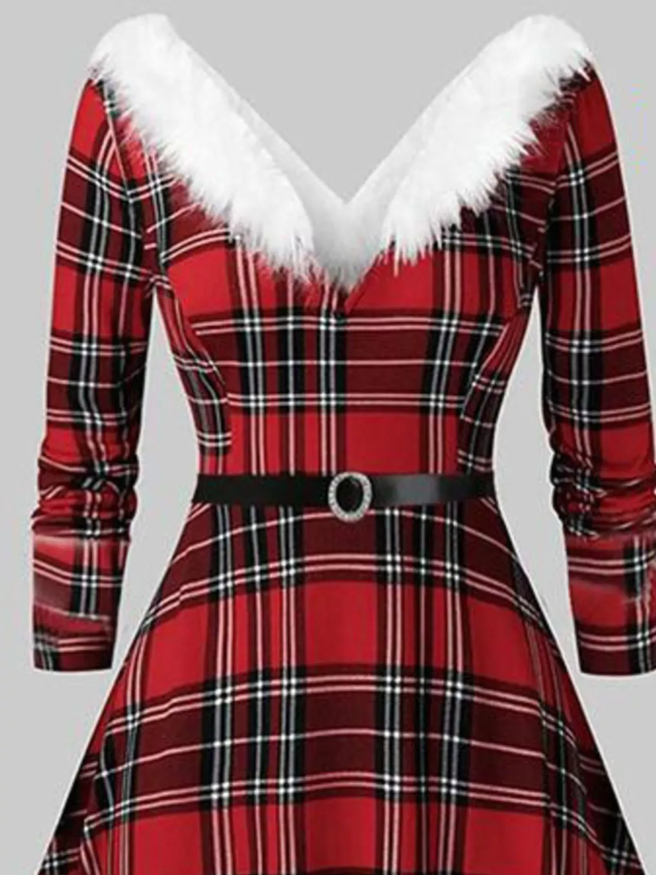 Red & White Fuzzy Trim Long Sleeve Christmas Dress (Also Plus Size) - Image 8