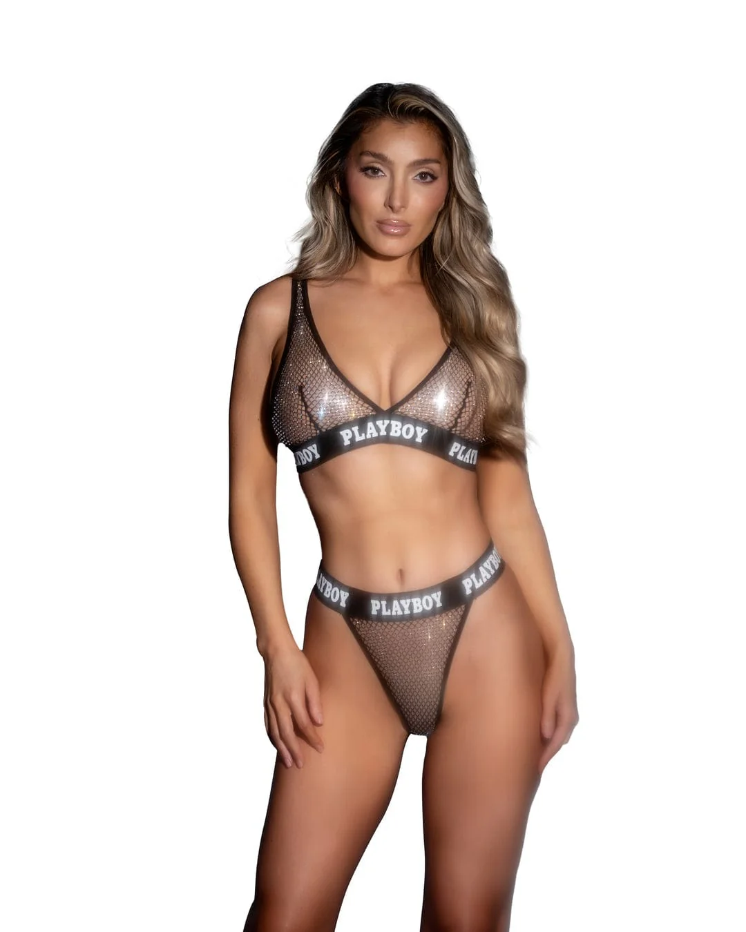 Black Playboy Bunny Galaxy Rhinestone Fishnet Halter Top & Thong Bottom Lingerie (Plus Size Available) - Image 9