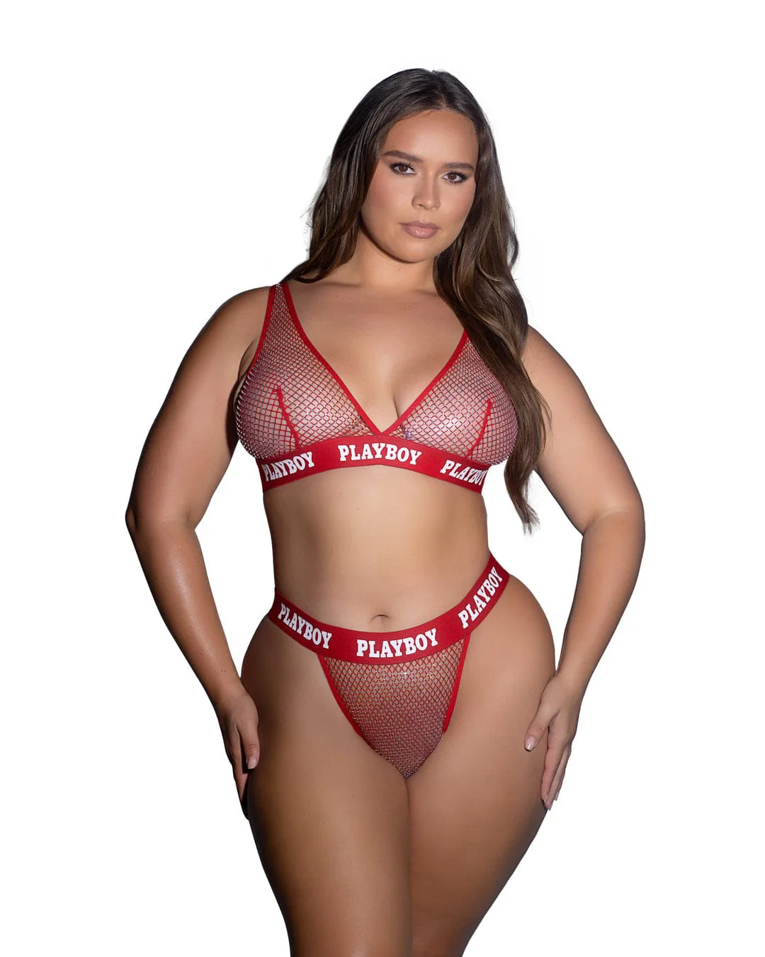 Black Playboy Bunny Galaxy Rhinestone Fishnet Halter Top & Thong Bottom Lingerie (Plus Size Available) - Image 15