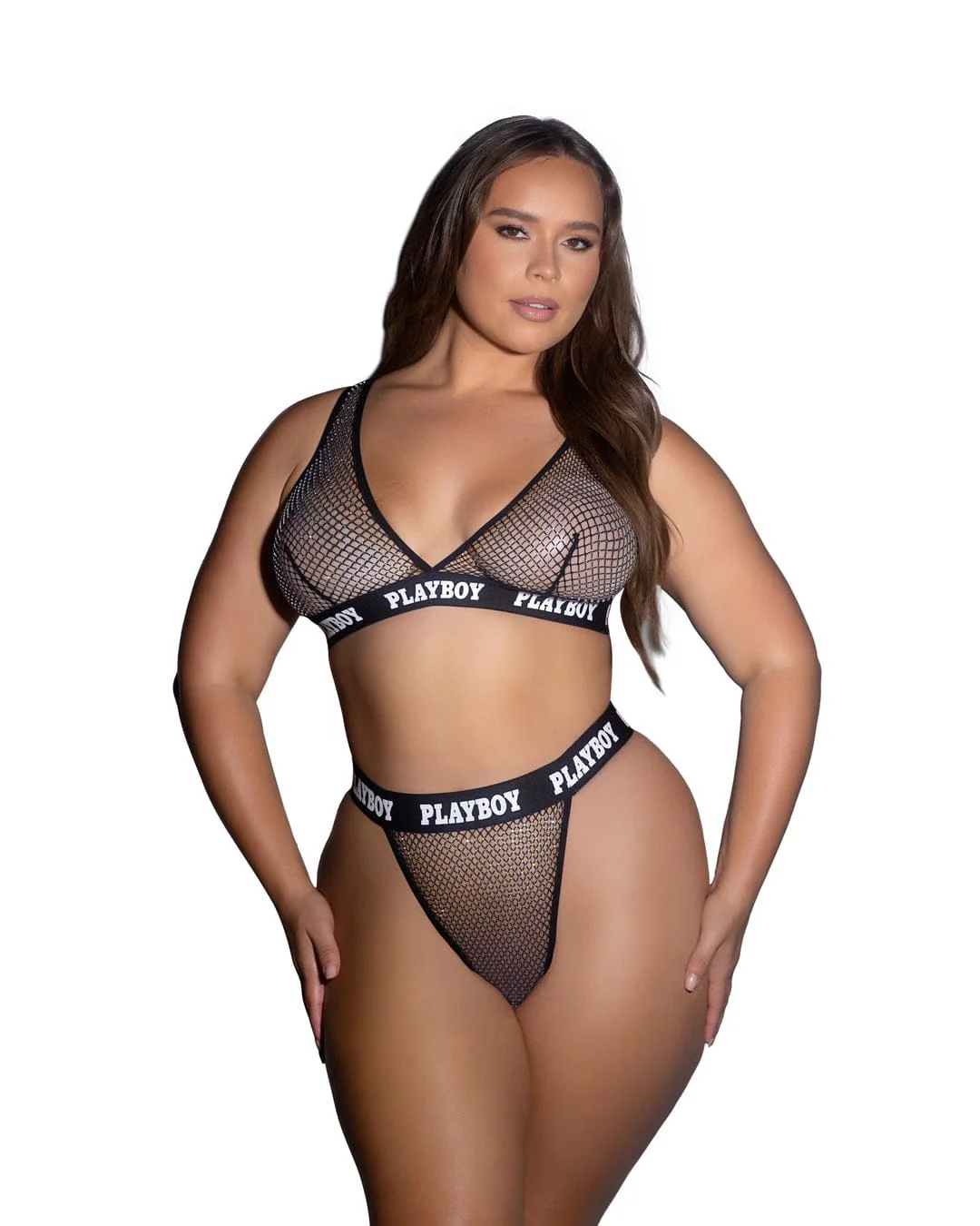 Black Playboy Bunny Galaxy Rhinestone Fishnet Halter Top & Thong Bottom Lingerie (Plus Size Available) - Image 13