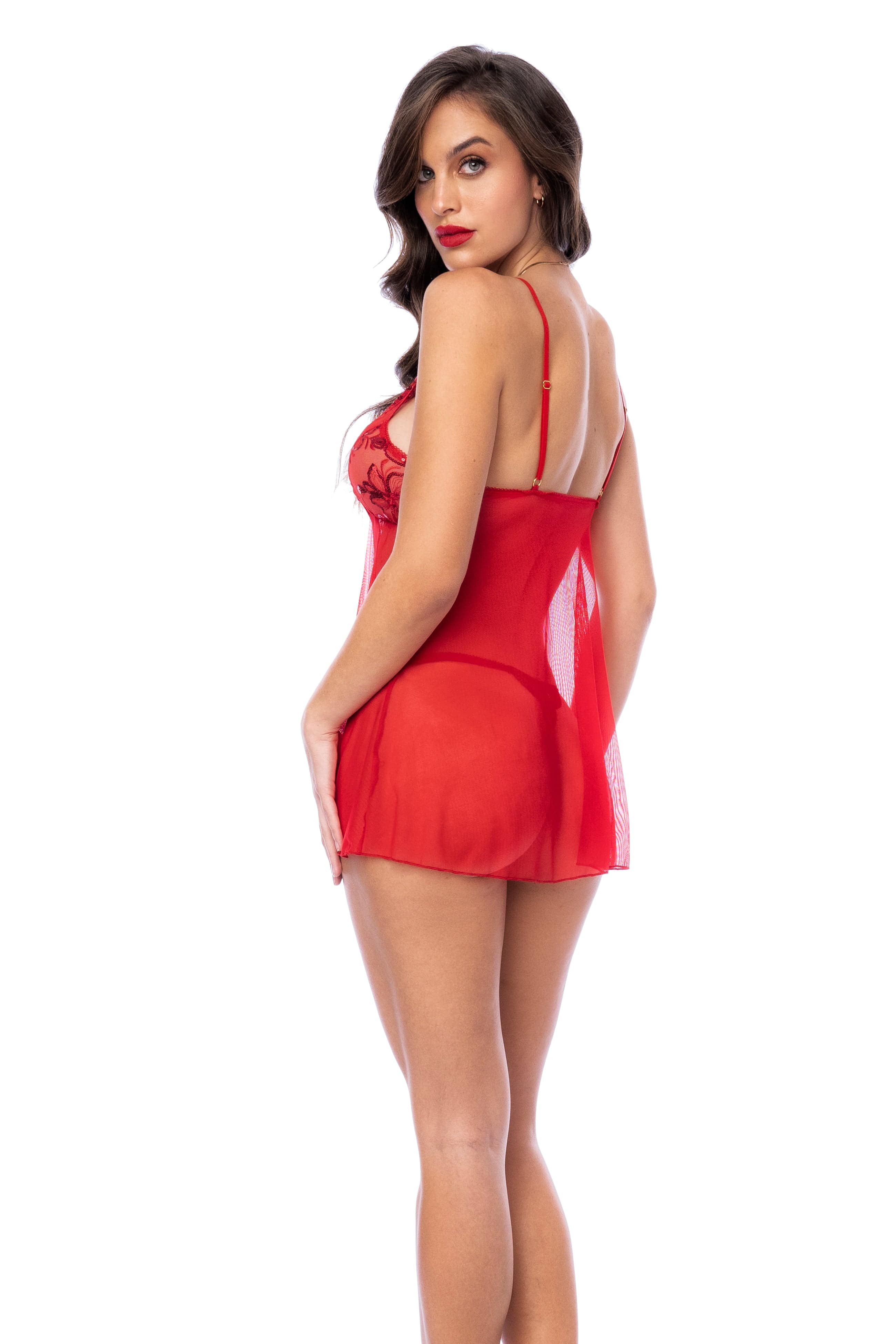 Red Sheer Sequin Babydoll Silhouette & Thong G-String Panty Lingerie - Image 2