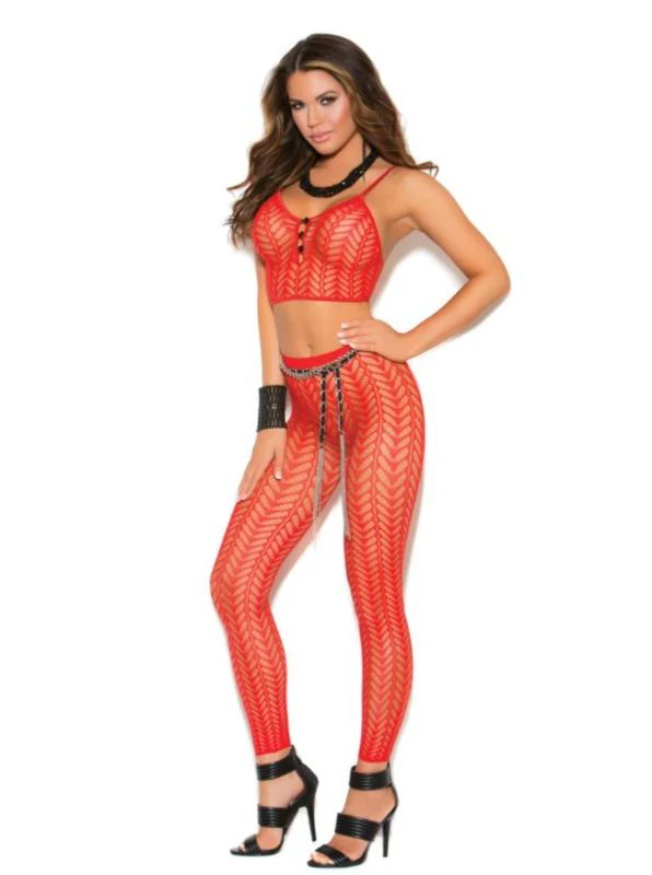 Red Sheer Opaque Feather Detail Cami Top & Legging