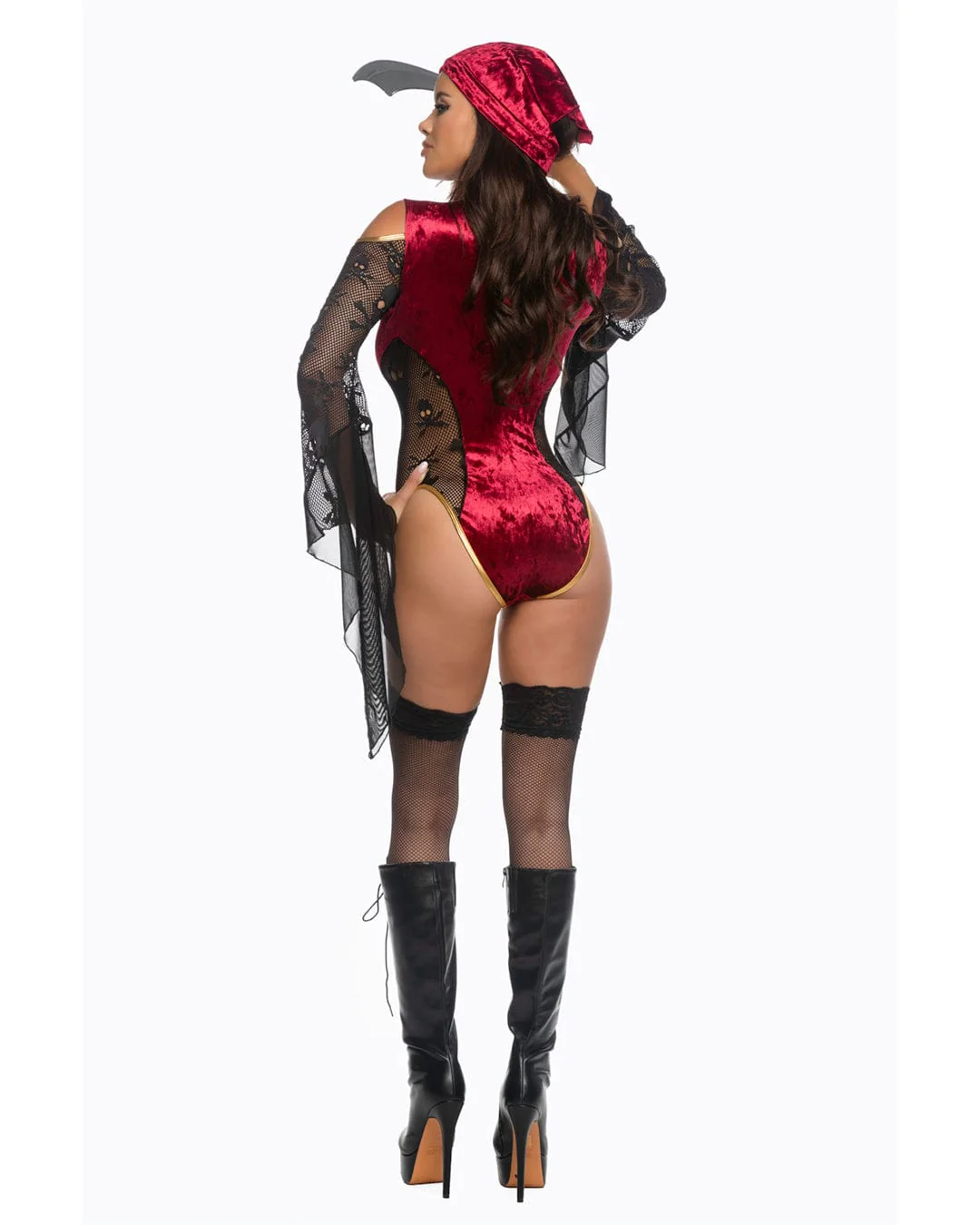Red Velvet & Black Fishnet Treasure Tease Knit Long-sleeve Romper Head Scarf & Toy Sword Cosplay Costume - Image 2