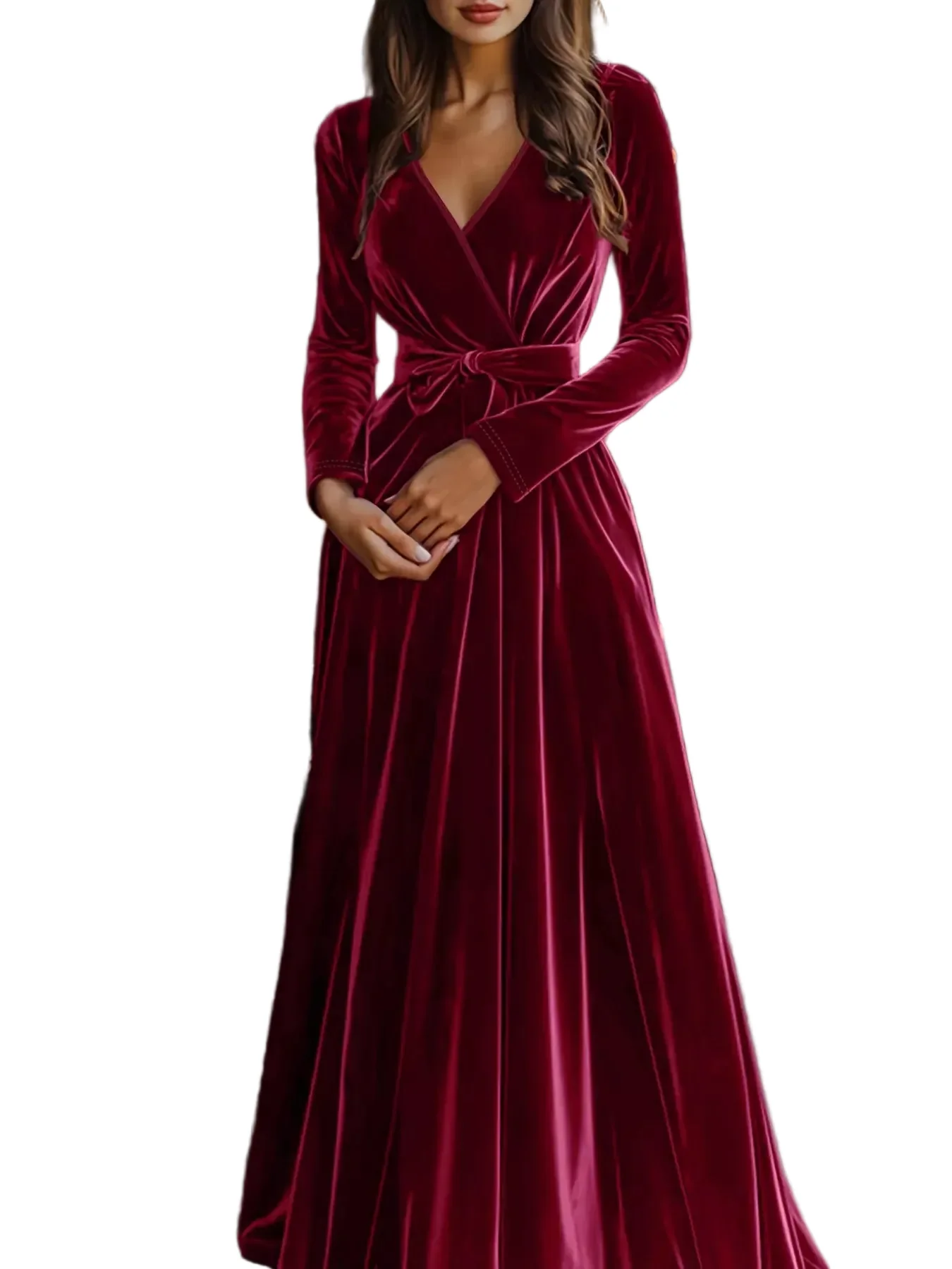 Burgundy Red Velvet Wrap Surplice Maxi Dress