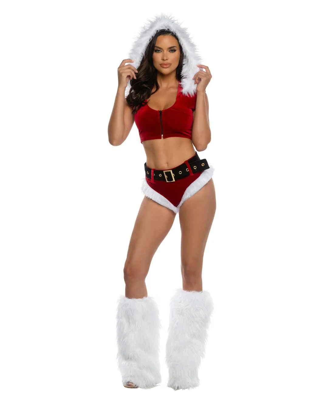 Red & Black Holiday Vixen Velvet w/ Faux Fur Hooded Croptop, High Waisted Shorts & Belt Christmas Costume - Image 3