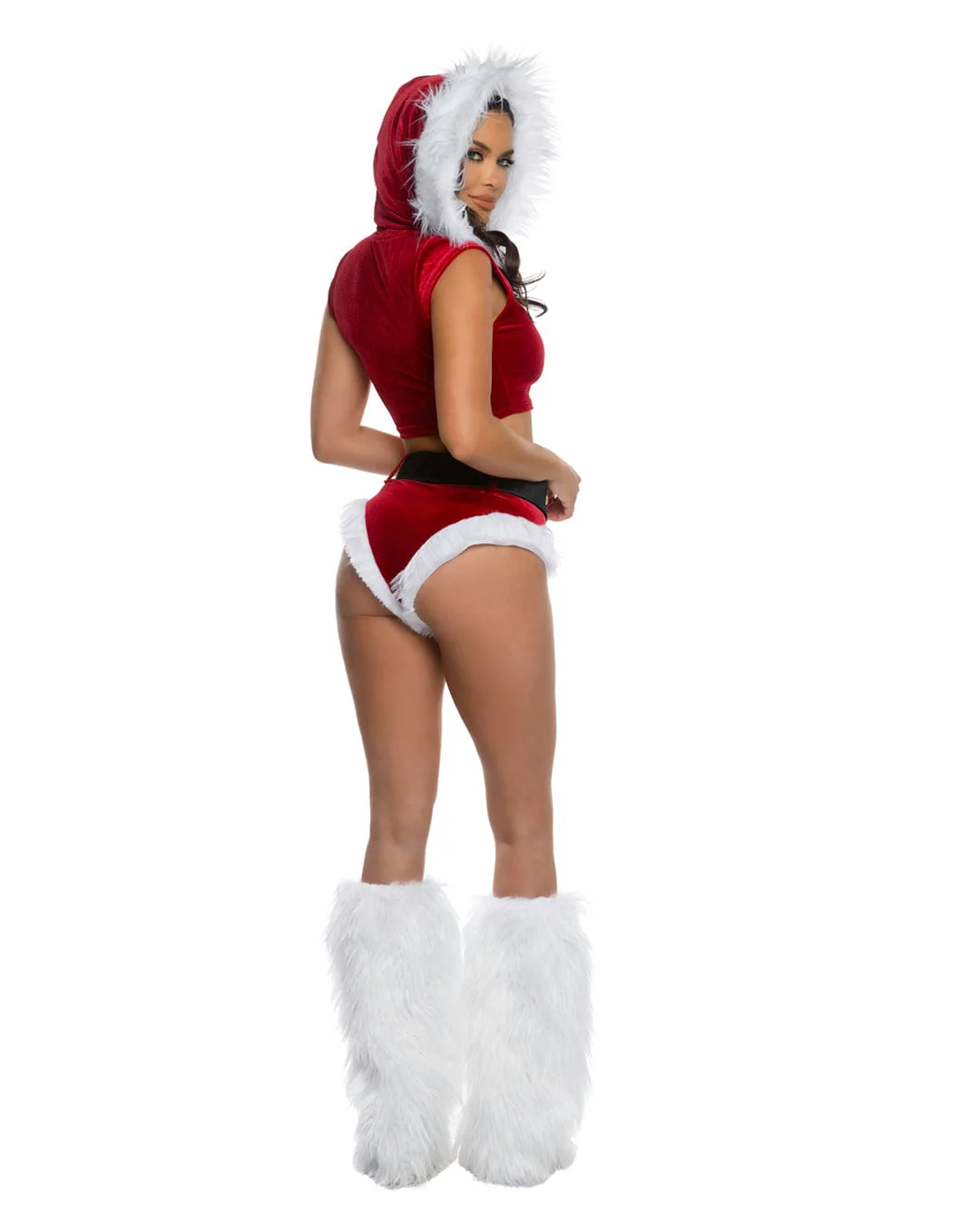 Red & Black Holiday Vixen Velvet w/ Faux Fur Hooded Croptop, High Waisted Shorts & Belt Christmas Costume - Image 4
