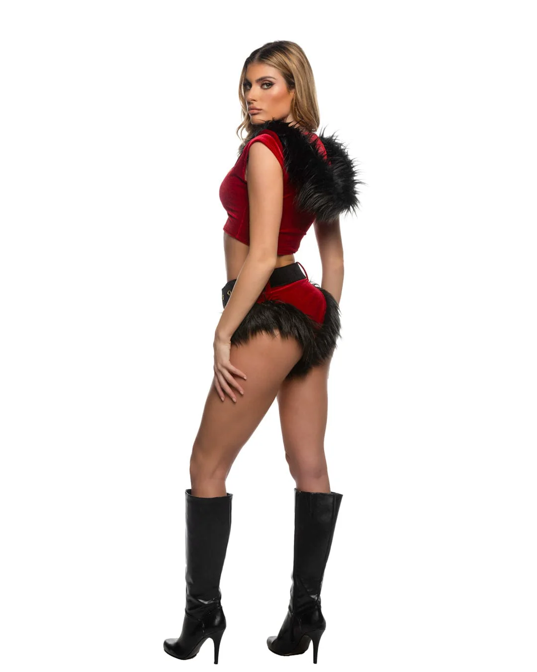 Red & Black Holiday Vixen Velvet w/ Faux Fur Hooded Croptop, High Waisted Shorts & Belt Christmas Costume - Image 2