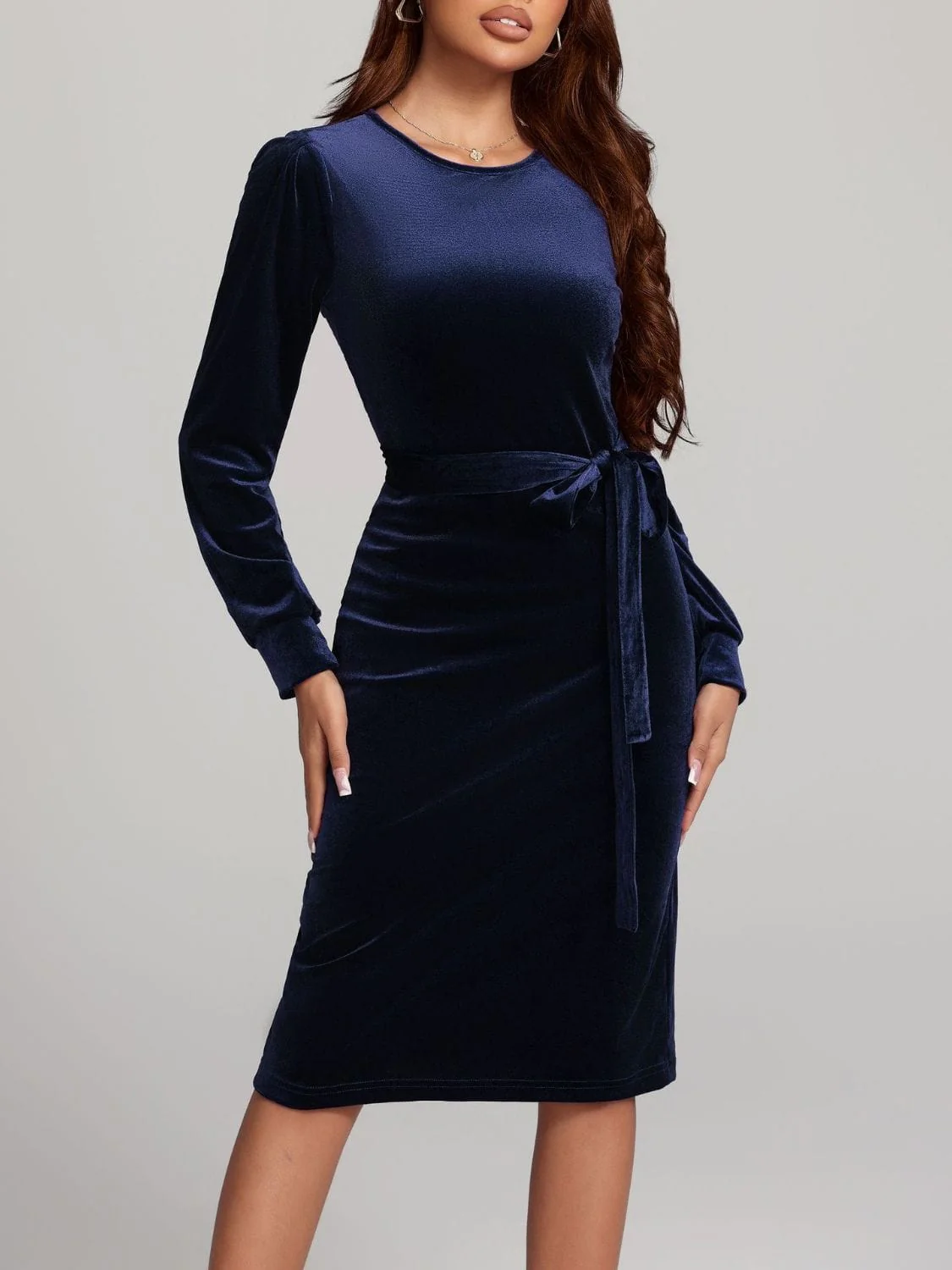 Navy Blue Velvet Round Neck Tie Waist Long Sleeve Evening Dress