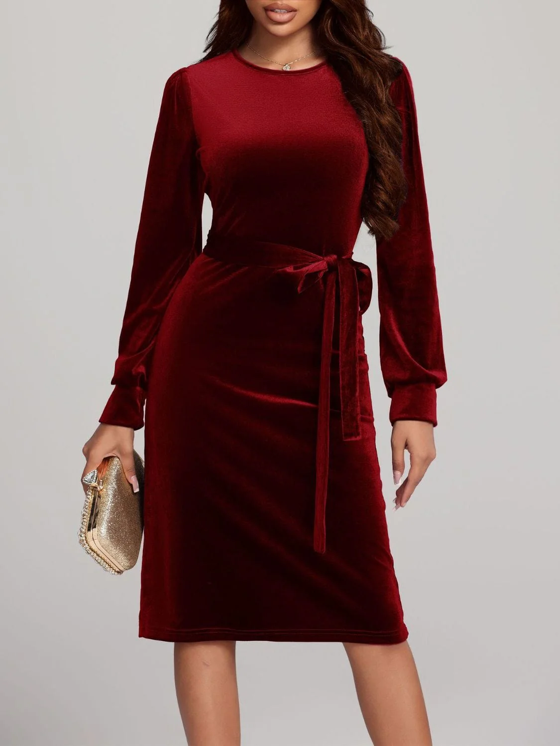 Navy Blue Velvet Round Neck Tie Waist Long Sleeve Evening Dress - Image 16