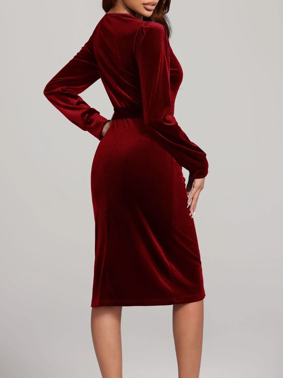 Navy Blue Velvet Round Neck Tie Waist Long Sleeve Evening Dress - Image 18