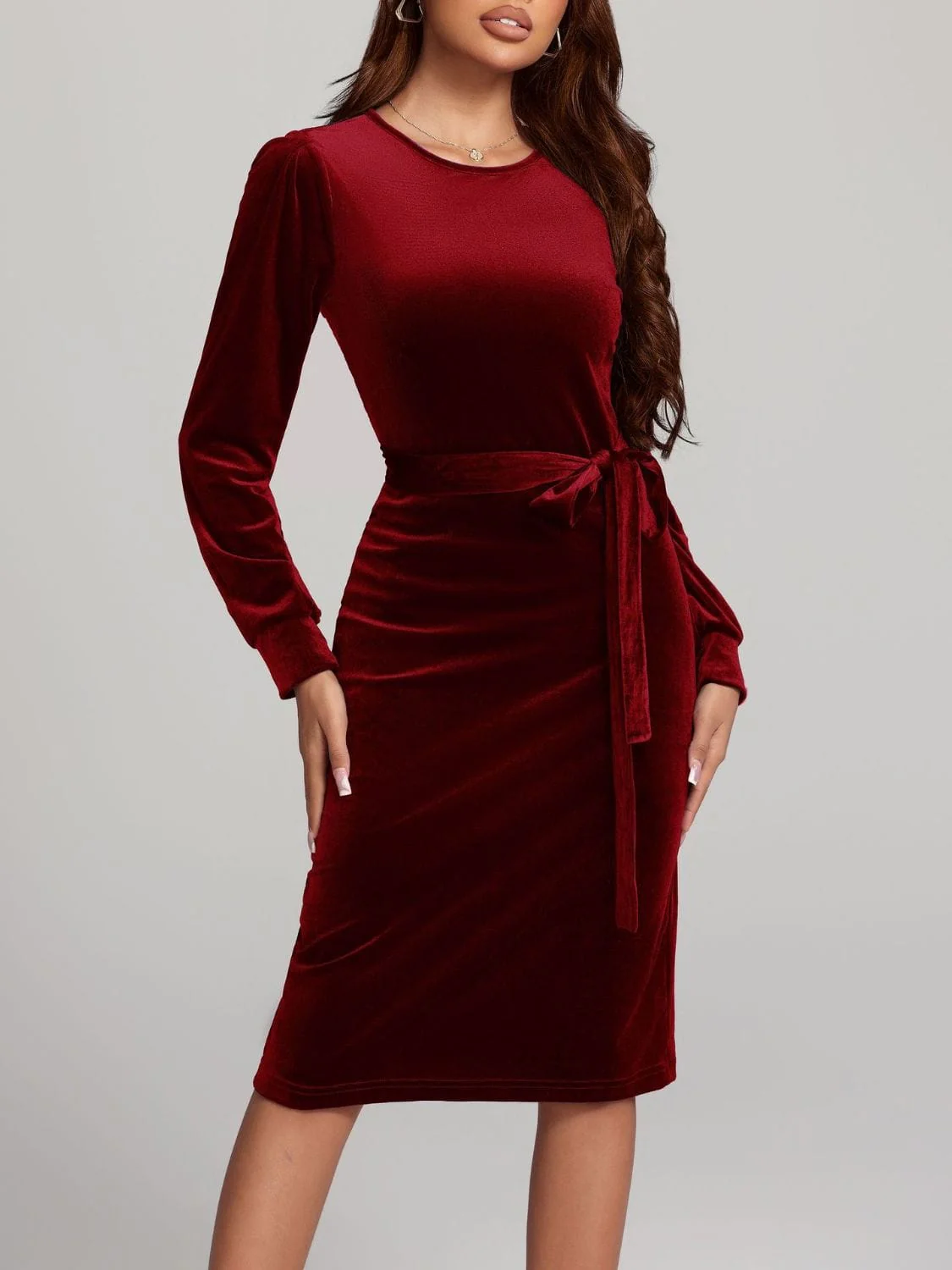 Navy Blue Velvet Round Neck Tie Waist Long Sleeve Evening Dress - Image 19