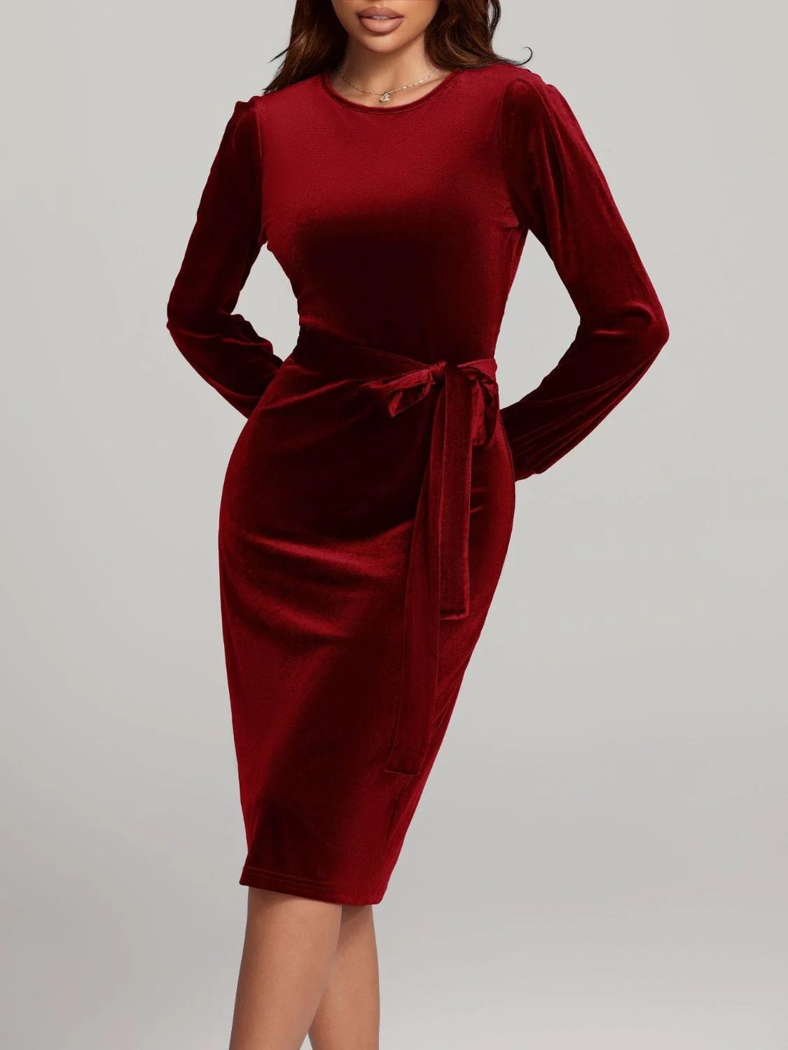 Navy Blue Velvet Round Neck Tie Waist Long Sleeve Evening Dress - Image 20