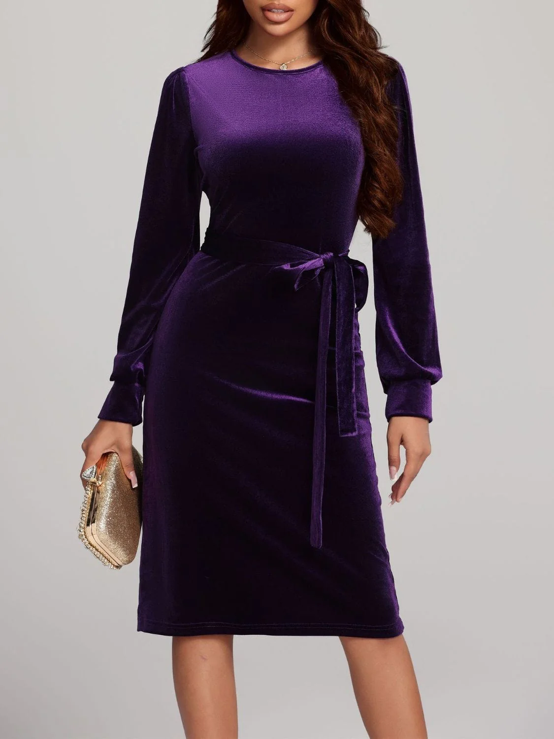 Navy Blue Velvet Round Neck Tie Waist Long Sleeve Evening Dress - Image 6
