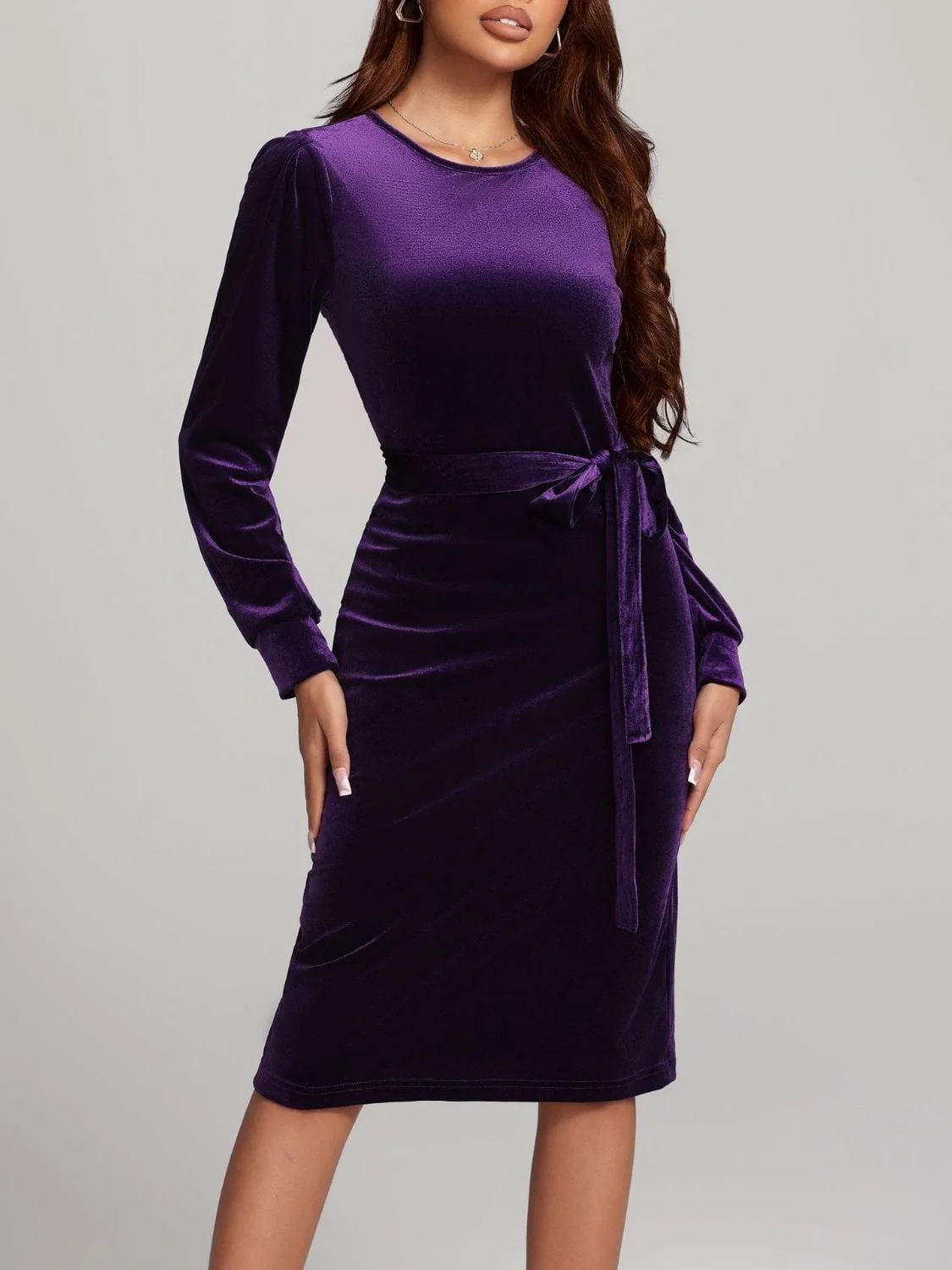 Navy Blue Velvet Round Neck Tie Waist Long Sleeve Evening Dress - Image 7