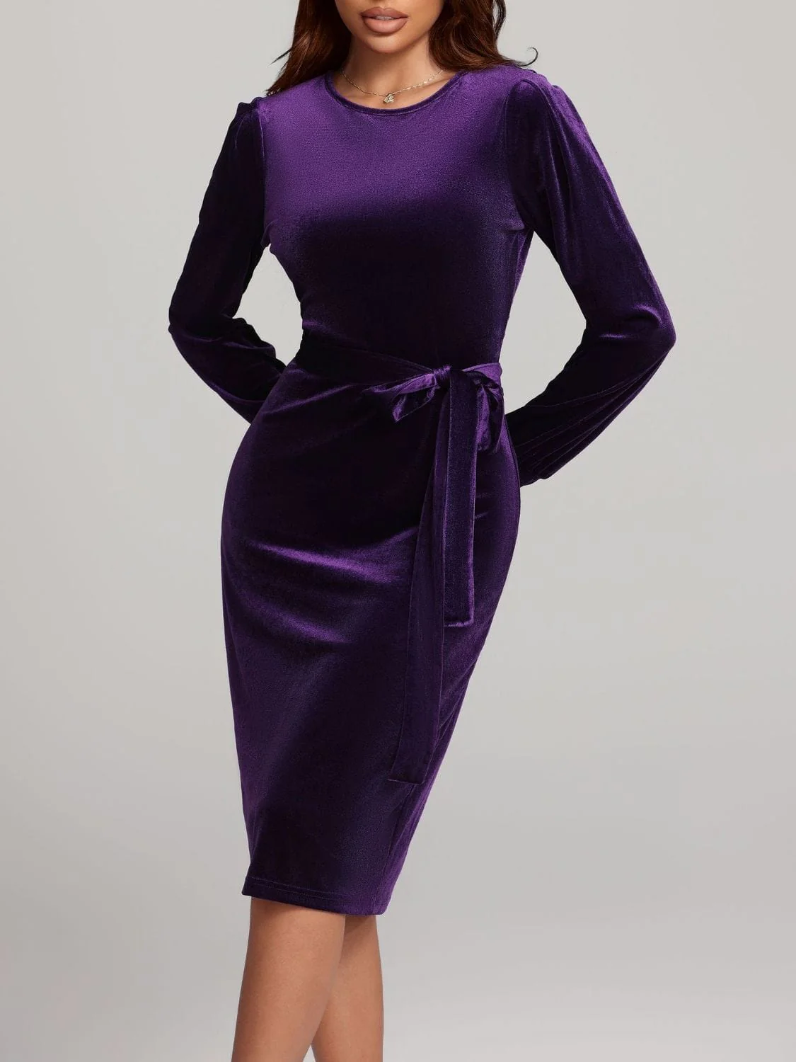 Navy Blue Velvet Round Neck Tie Waist Long Sleeve Evening Dress - Image 8